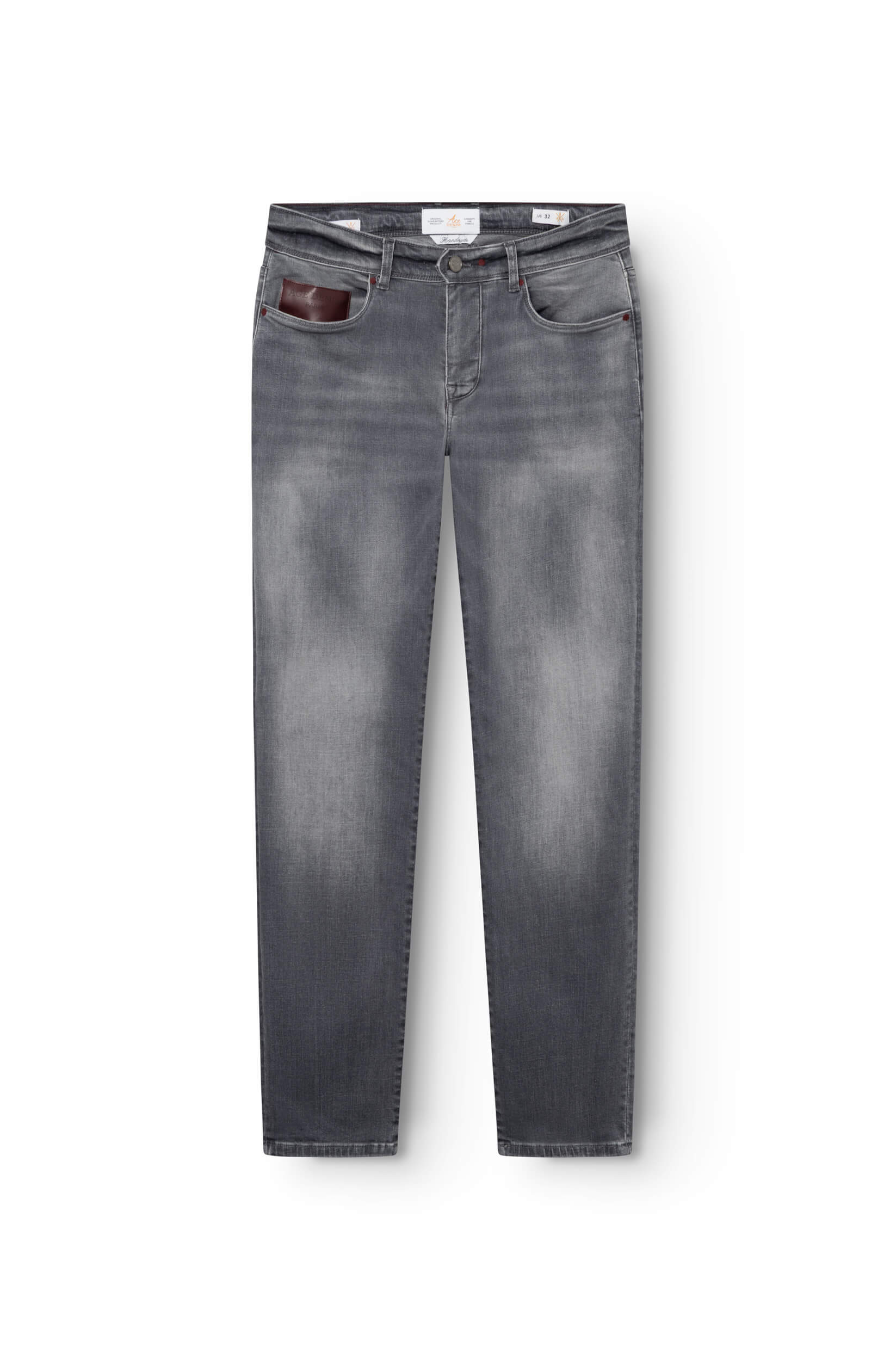grey cotton jeans with burgundy leather patch