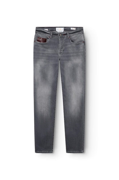 jeans gris en coton avec patch en cuir bordeaux
