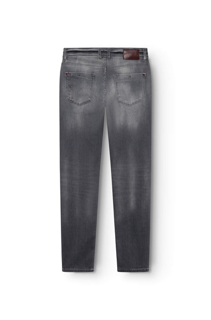 Jeans gris AD03 avec patch en cuir bordeaux vue de dos