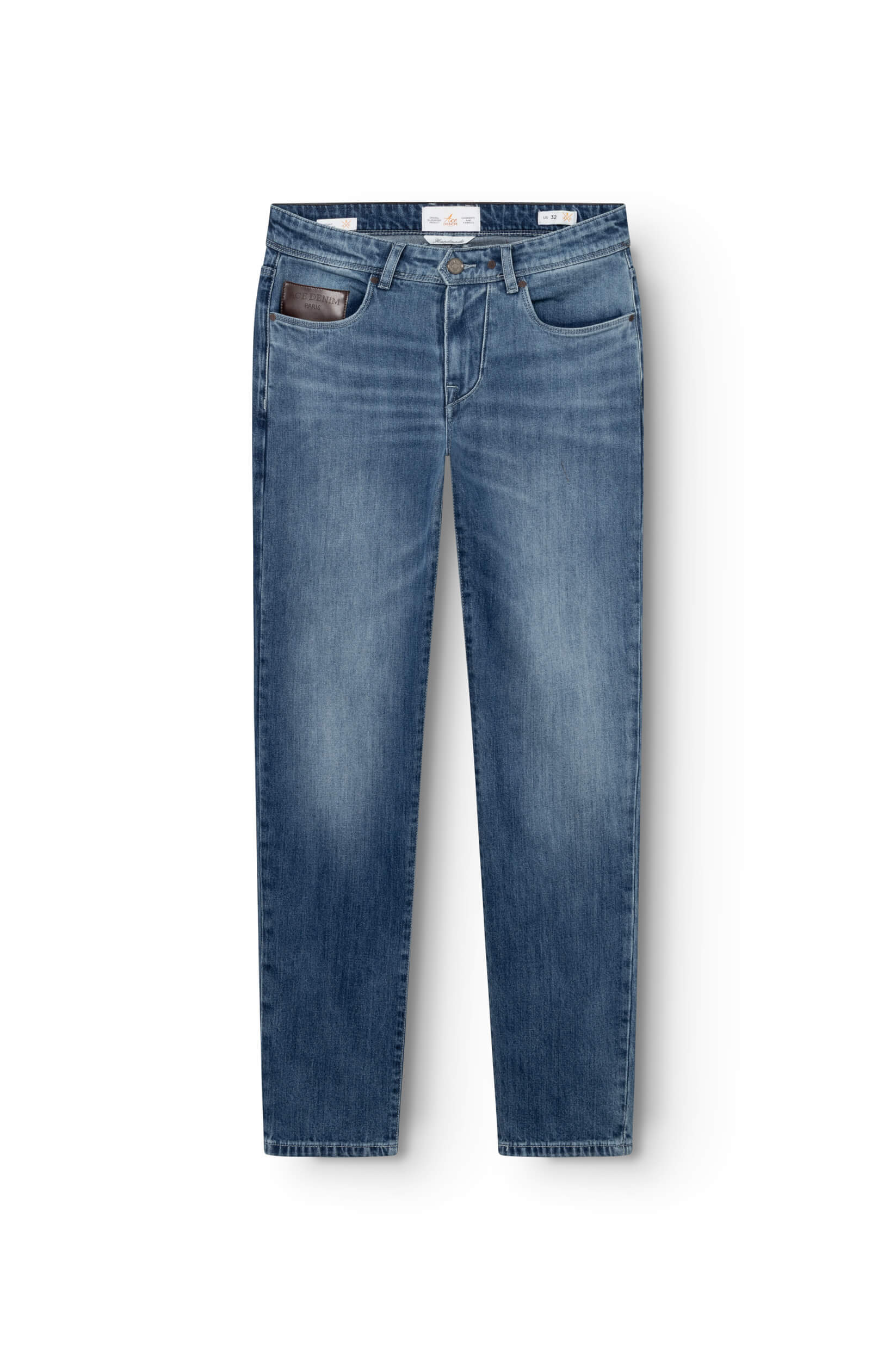 jeans bleu clair en coton avec patch en cuir marron