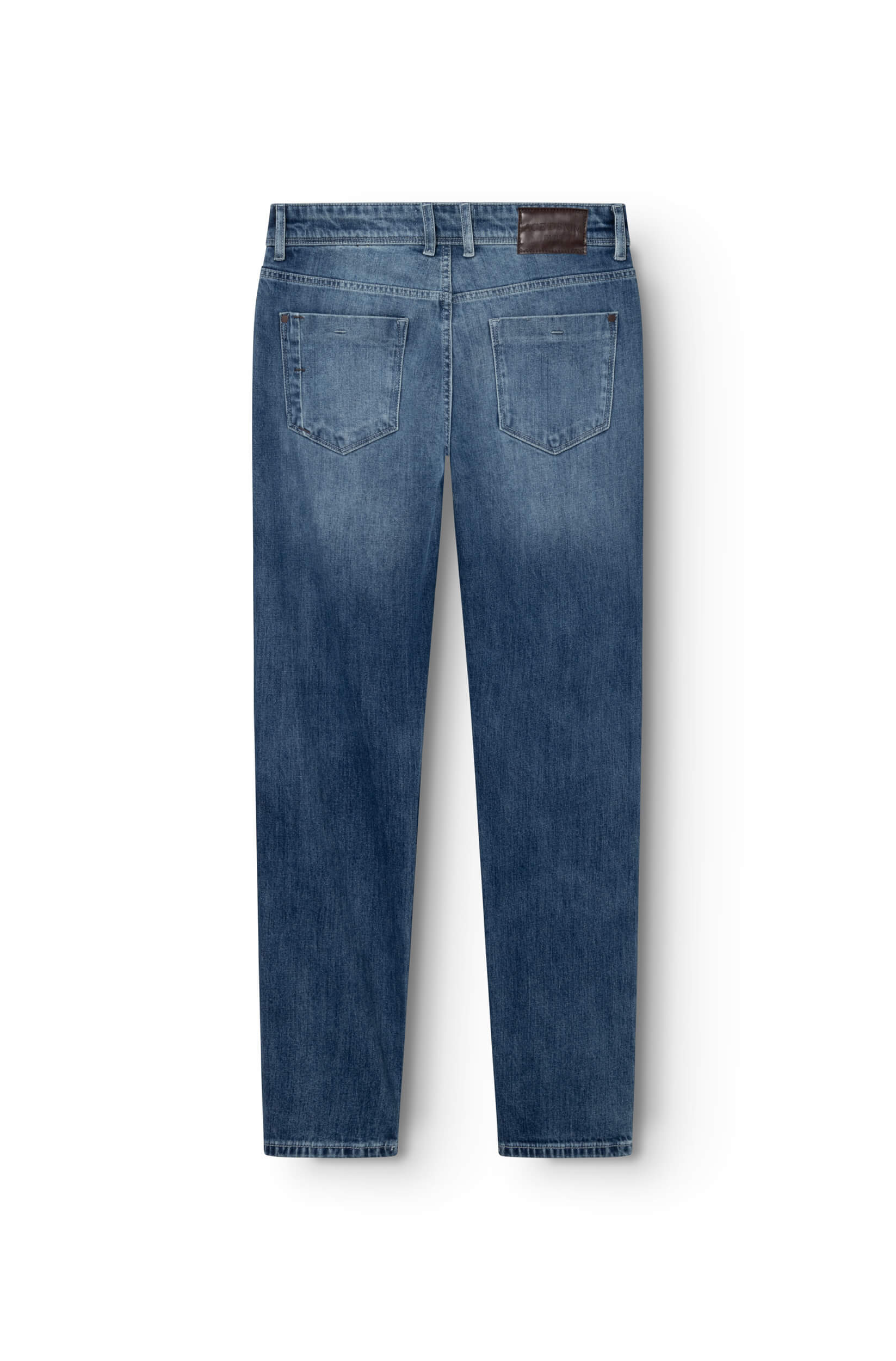 Blue jeans with brown leather patch AD03 back view