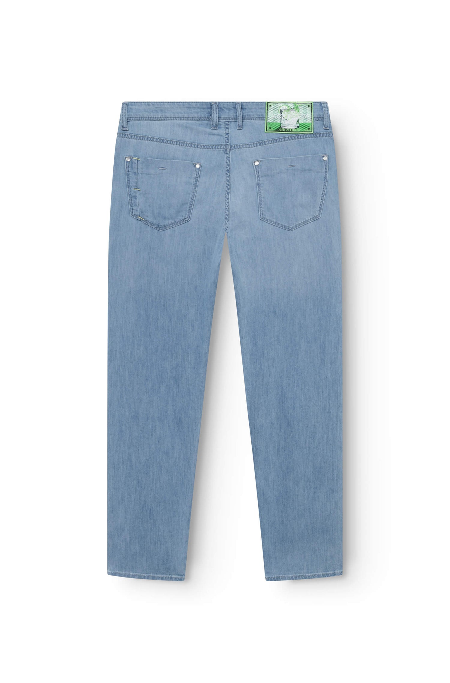 back of the slim jeans in faded blue cotton and linen for men with a patch featuring a gin and tonic cocktail pattern
