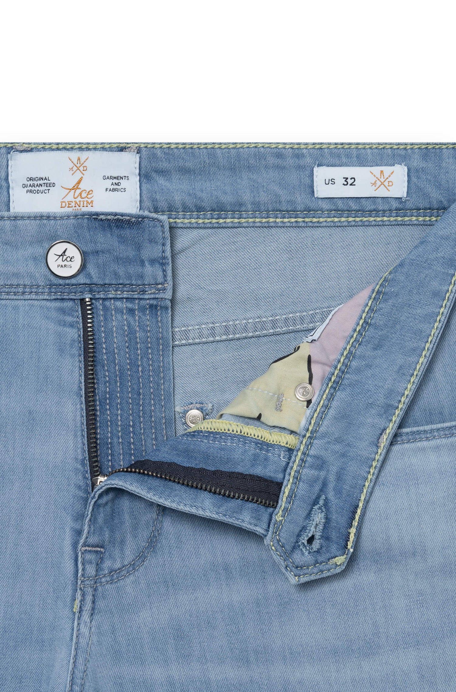 Zipper fly of faded blue jeans