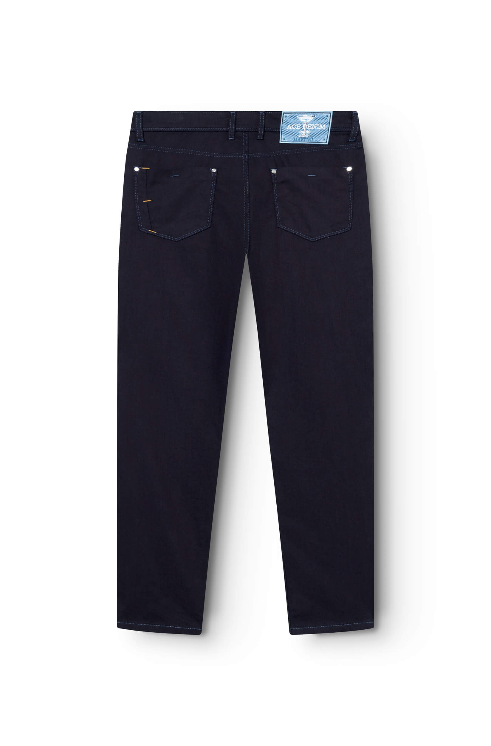 back of the slim jeans in raw cotton and flax for men with a patch featuring a martini cocktail pattern