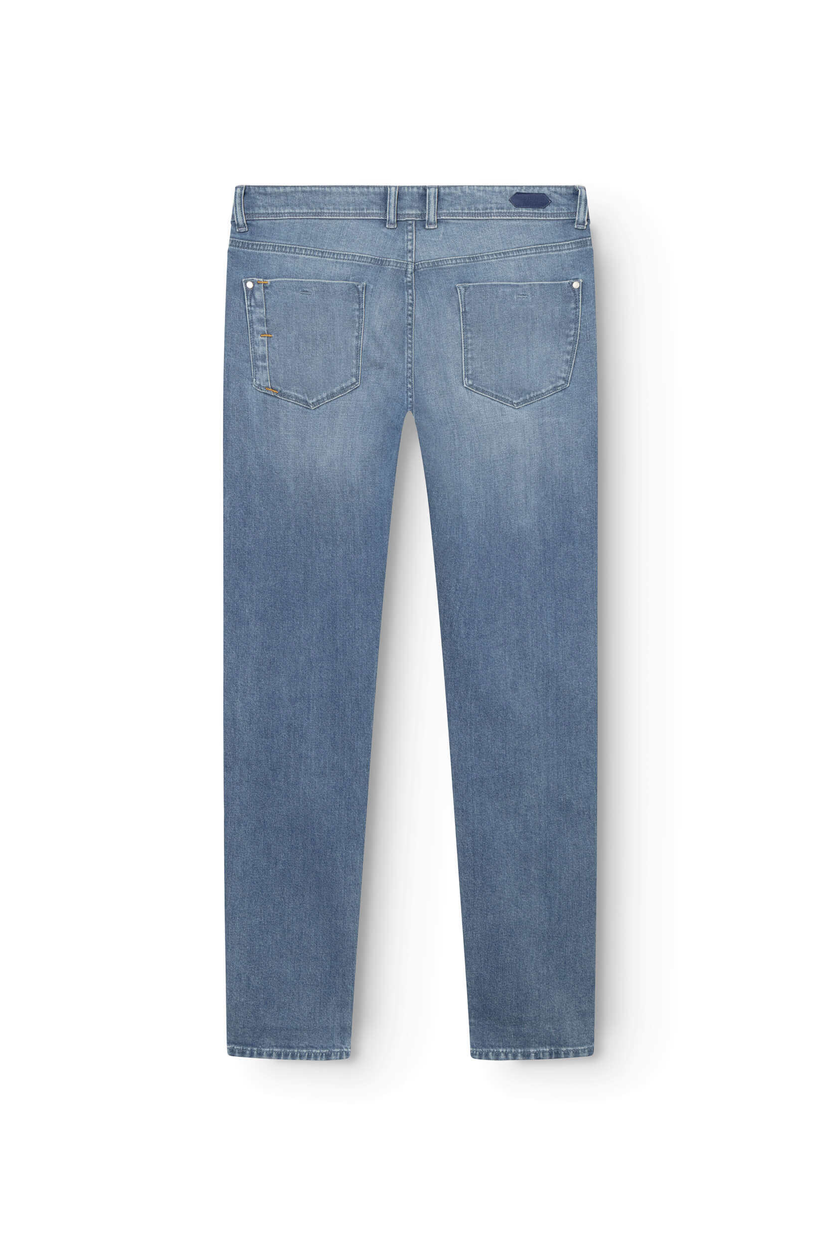Rear view of the light blue jeans in cashmere