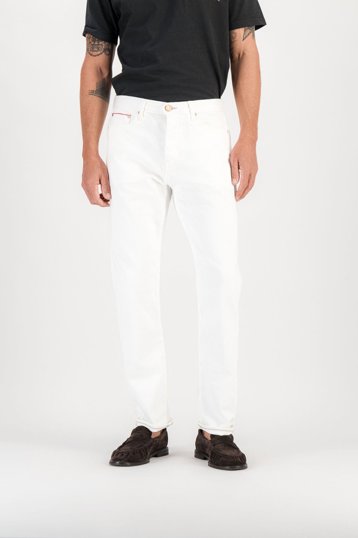 White selvedge straight jeans worn, front view — AD 53 Selvedge Ace Denim Paris