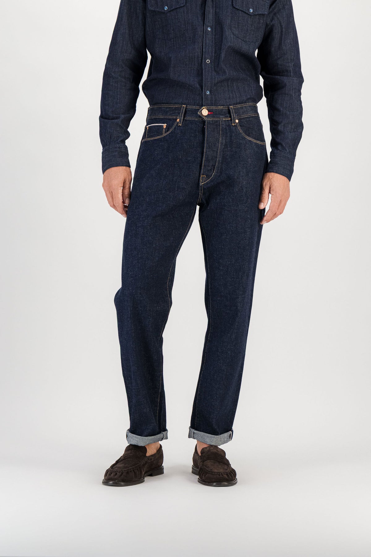 Raw indigo selvedge straight jeans worn, front view — AD 53 Selvedge Ace Denim Paris