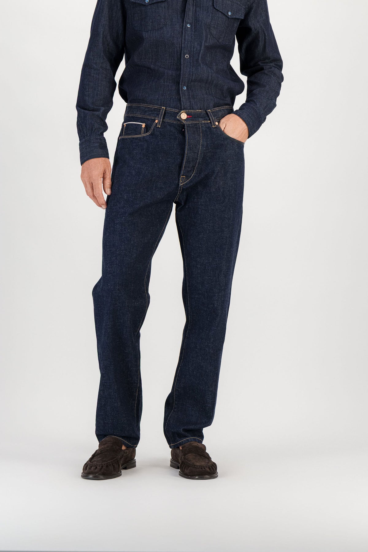 Raw indigo selvedge straight jeans worn, front view hand in pocket — AD 53 Selvedge Ace Denim Paris