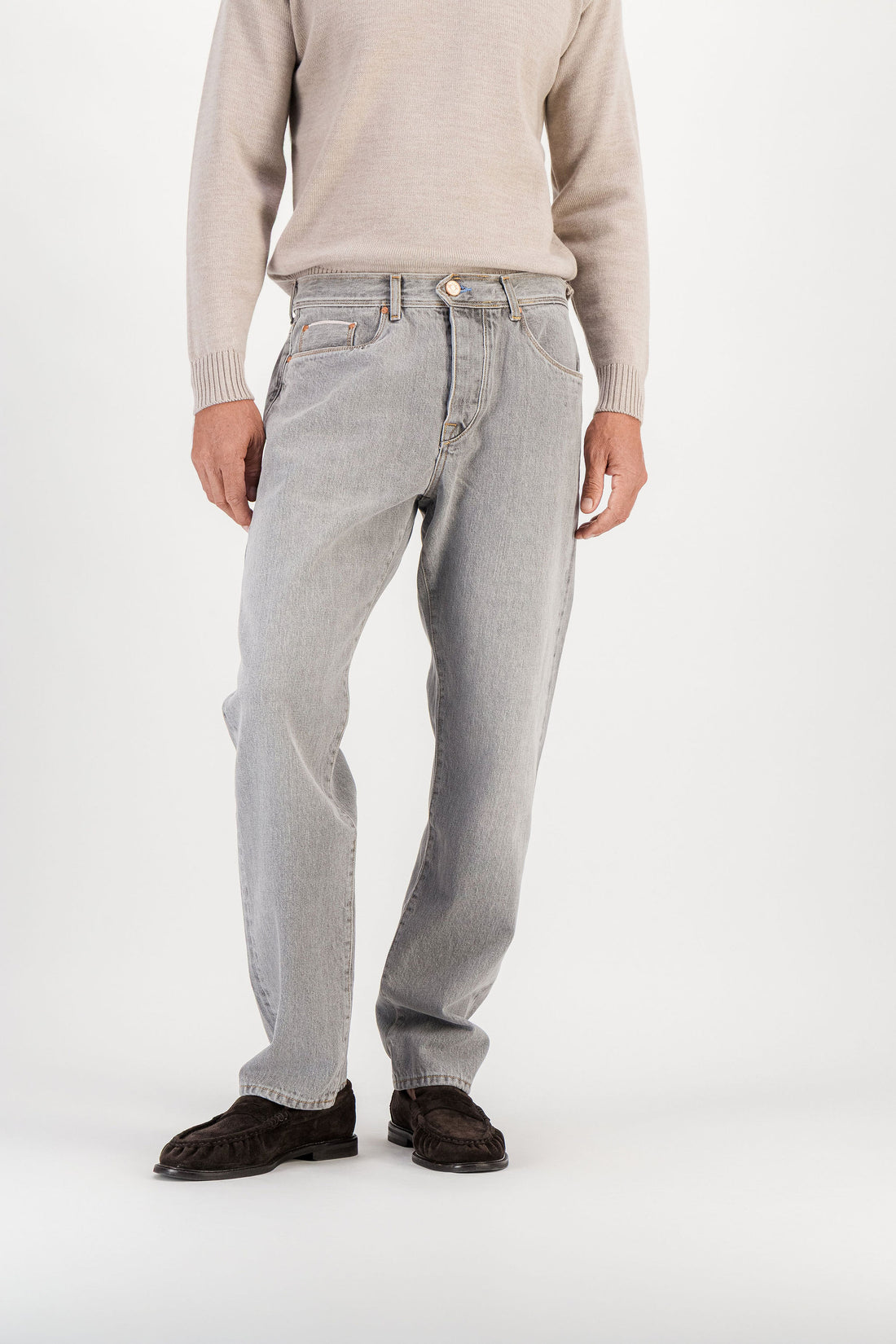 Light grey selvedge straight jeans worn, front view — AD 53 Selvedge Ace Denim Paris