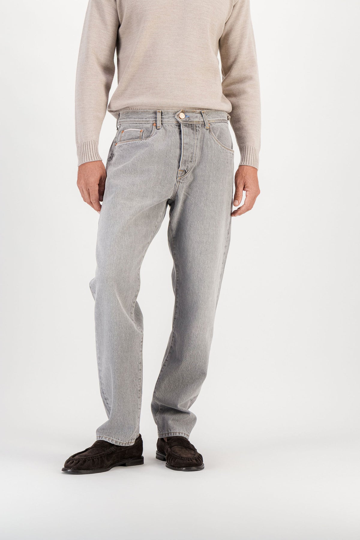Light grey selvedge straight jeans worn, front view — AD 53 Selvedge Ace Denim Paris