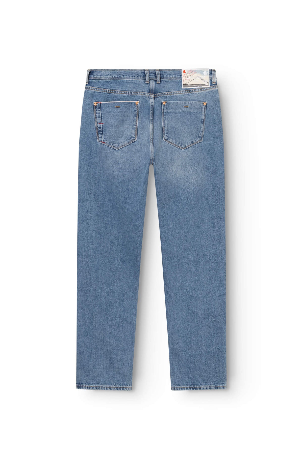 Vue arrière jean droit selvedge bleu stone avec patch Mont Fuji brodé en ceinture — AD 53 Selvedge Ace Denim Paris