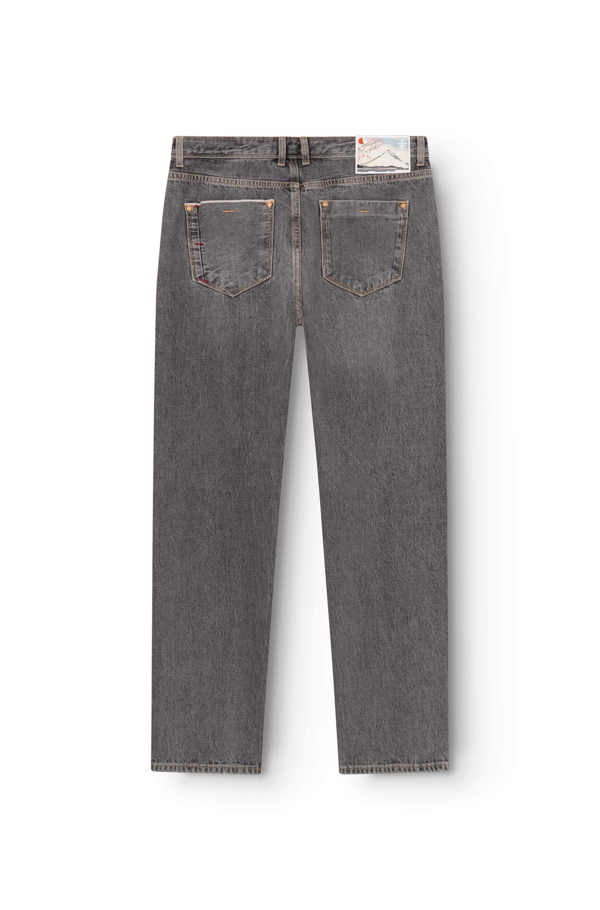 Vue arrière jean droit selvedge gris avec patch Mont Fuji brodé en ceinture — AD 53 Selvedge Ace Denim Paris