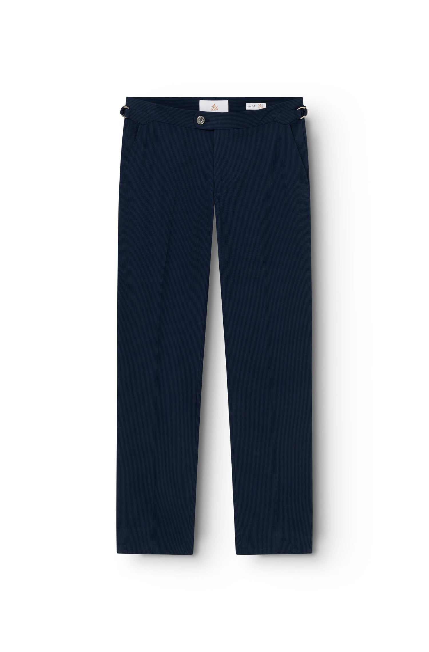 Herren-Seersucker-Hose in Marine, Tapered Fit, Vorderansicht — AD 52 Ace Denim Paris
