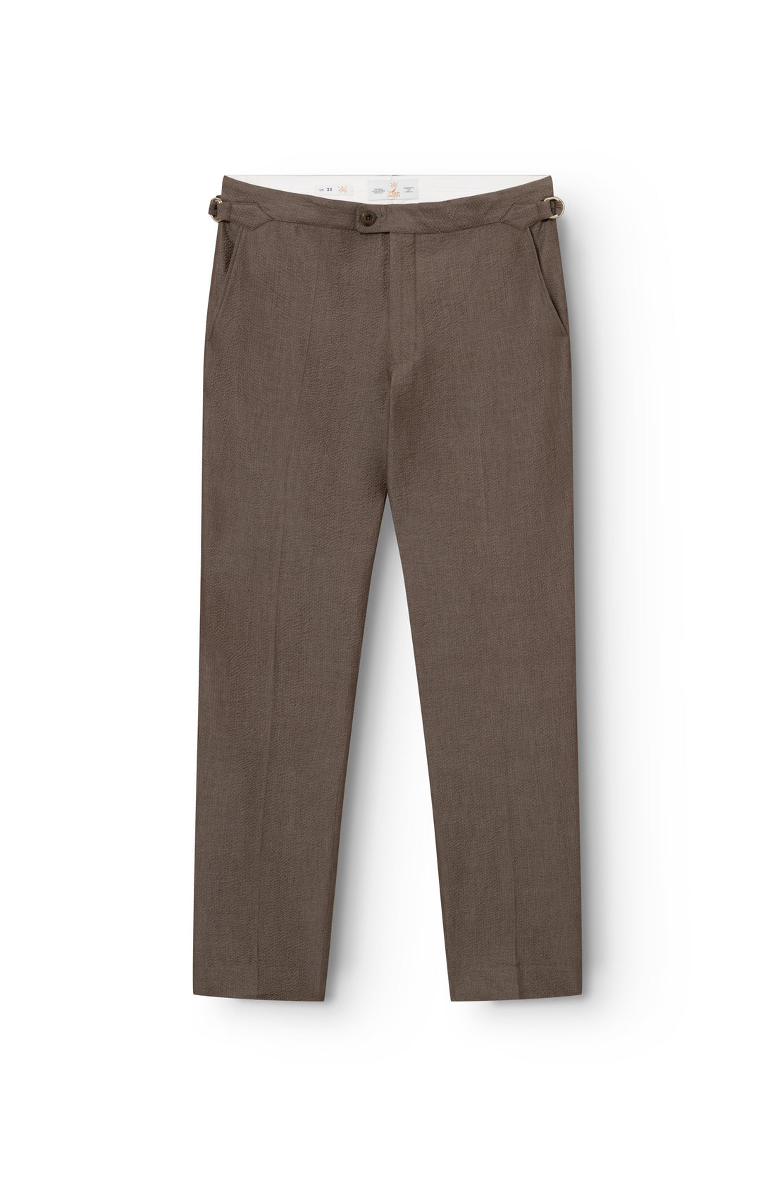 Pantalon homme seersucker marron coupe tapered, vue de face — AD 52 Ace Denim Paris