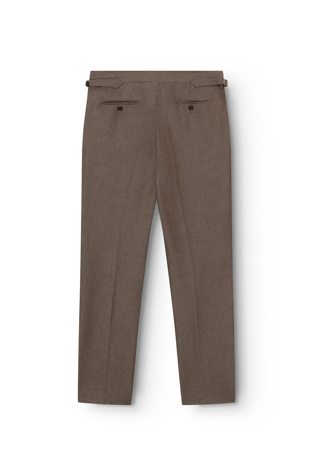 Vue arrière du pantalon seersucker marron avec ajusteur de taille et poches passepoilées — AD 52 Ace Denim Paris