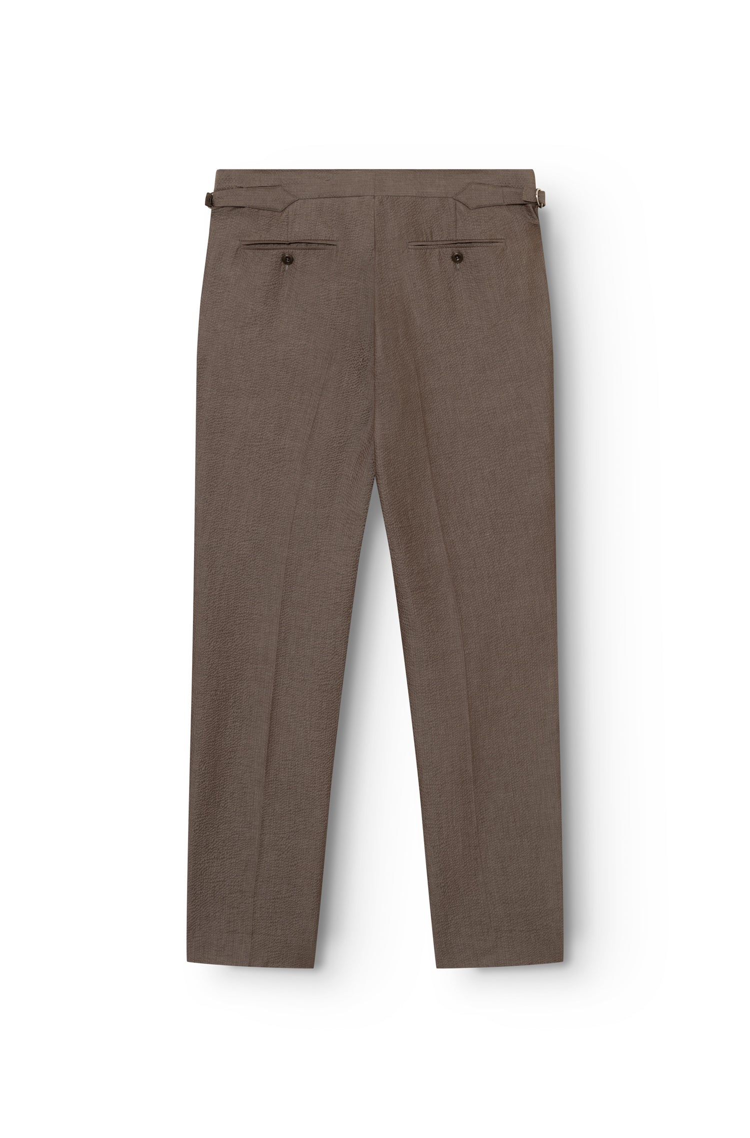 Rear view of the brown seersucker pants with waist adjuster and welt pockets — AD 52 Ace Denim Paris
