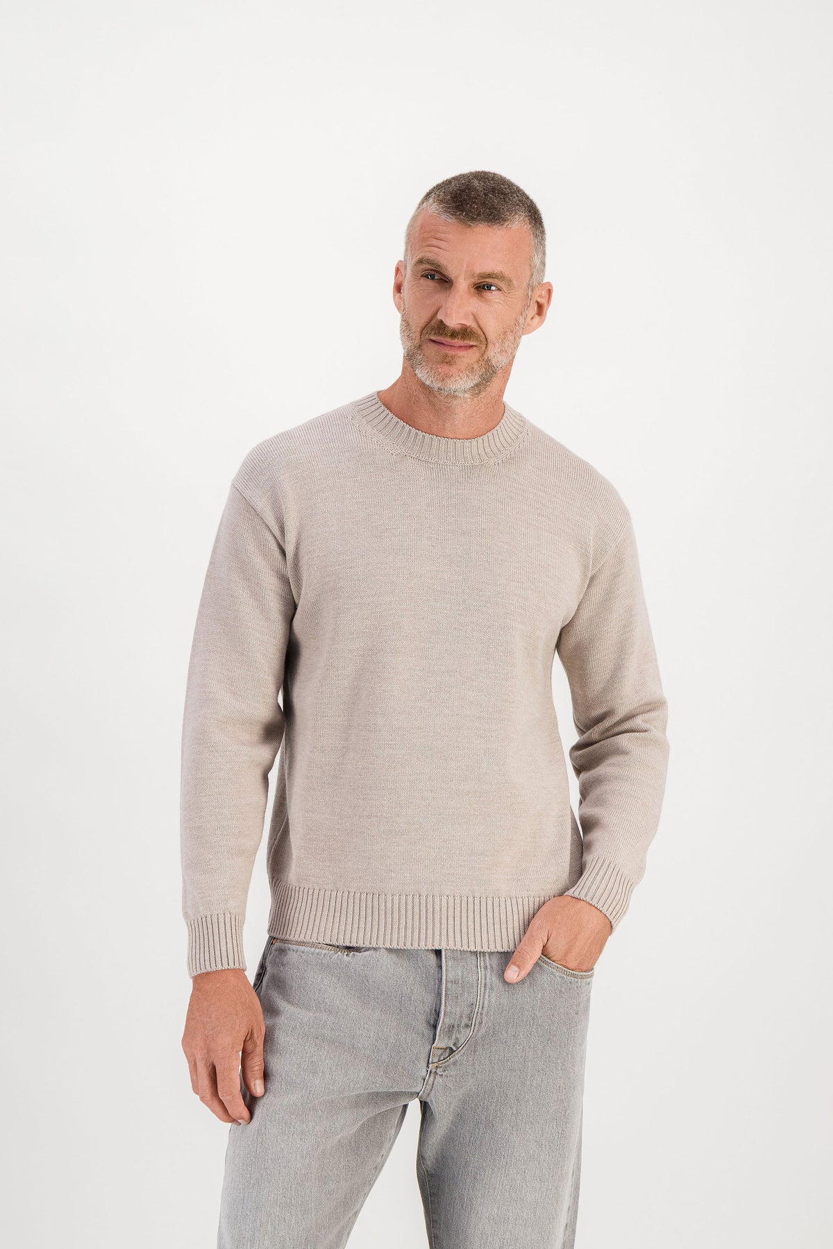 Beige crew neck sweater front view, model 186 cm size M — Ace Denim Paris