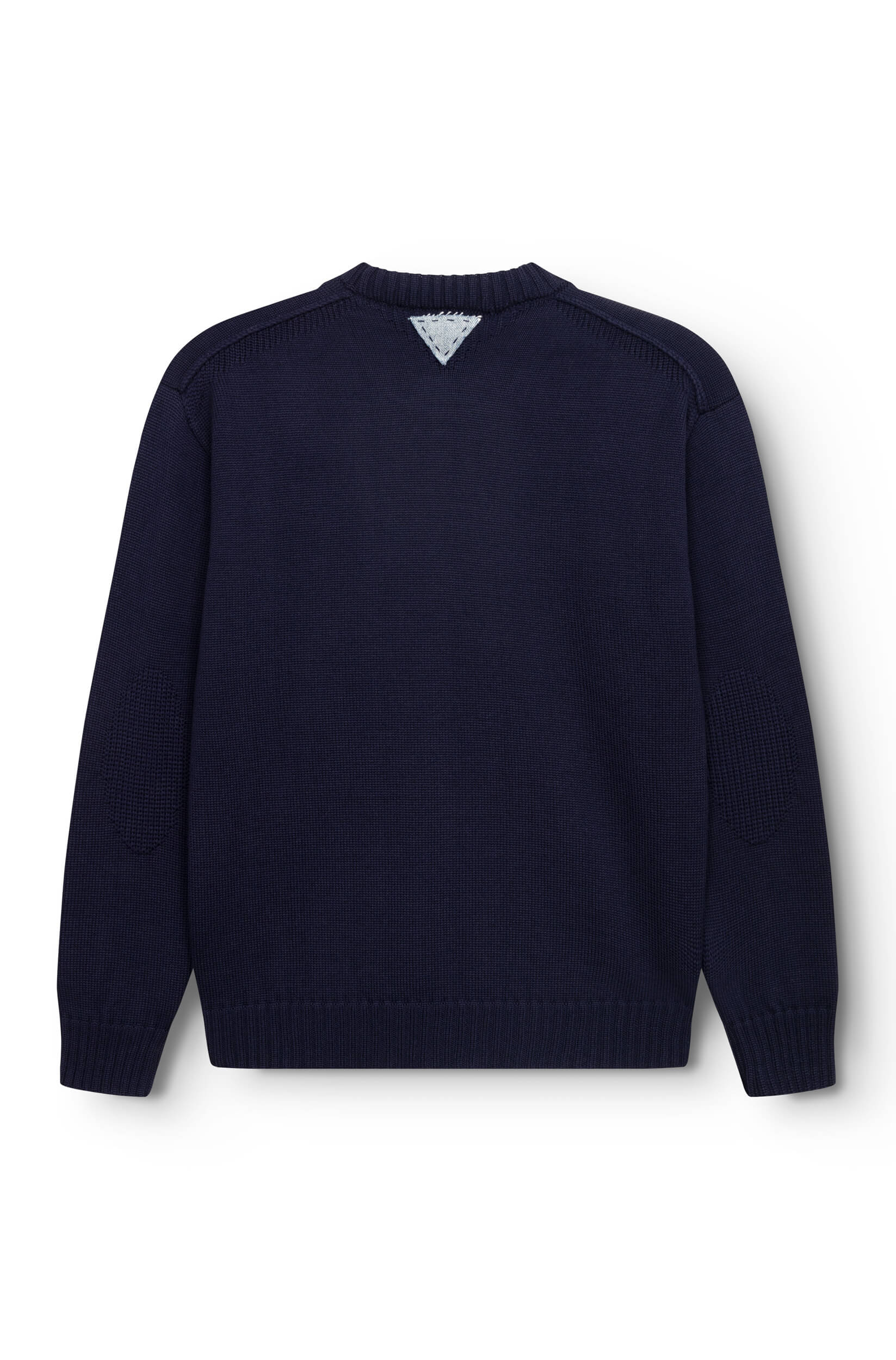 back view of the navy round-neck sweater made of merino wool