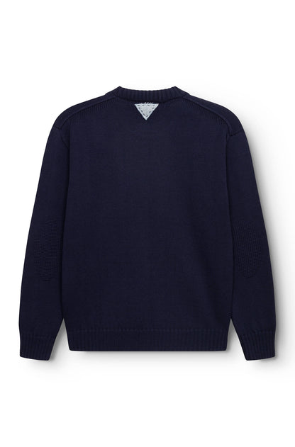 back view of the navy round-neck sweater made of merino wool