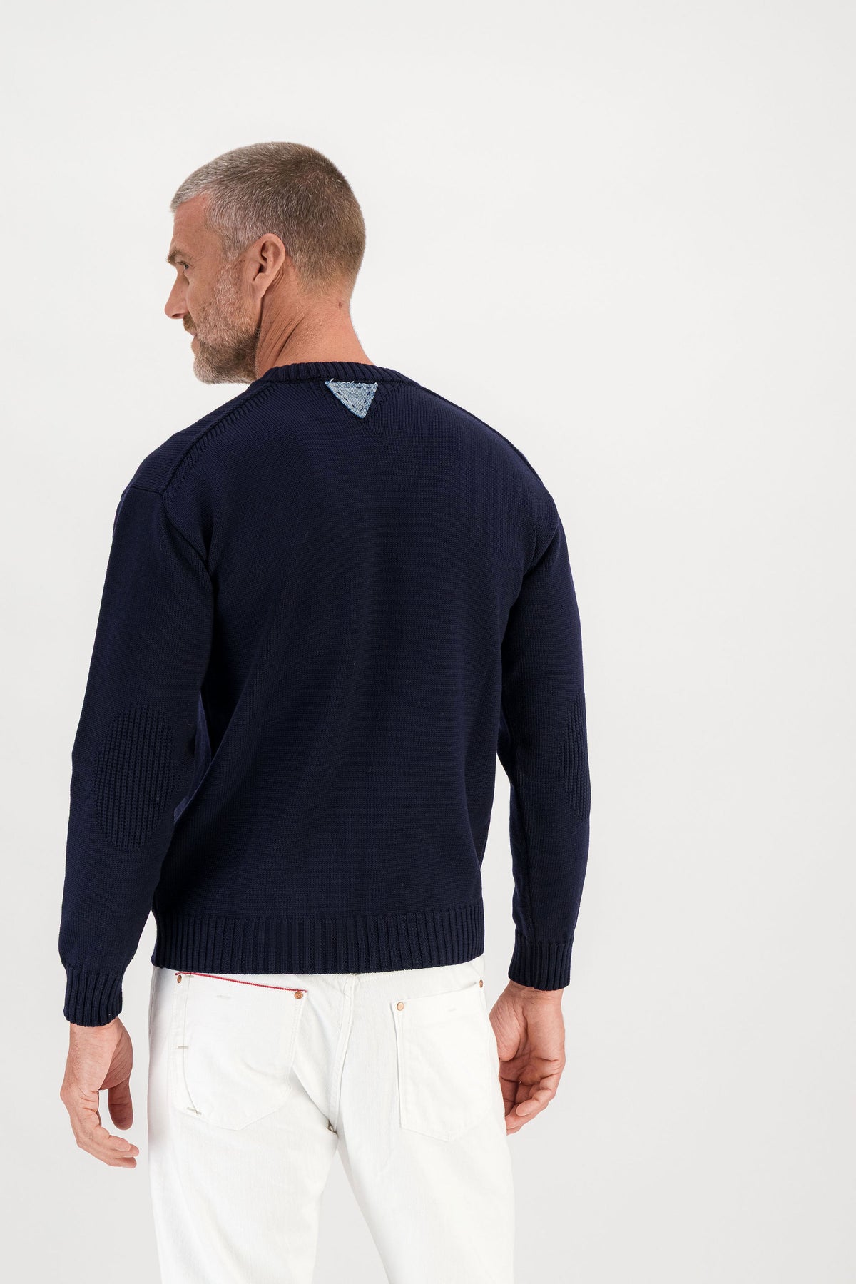 Navy crew neck sweater back view, model 186 cm size M — Ace Denim Paris