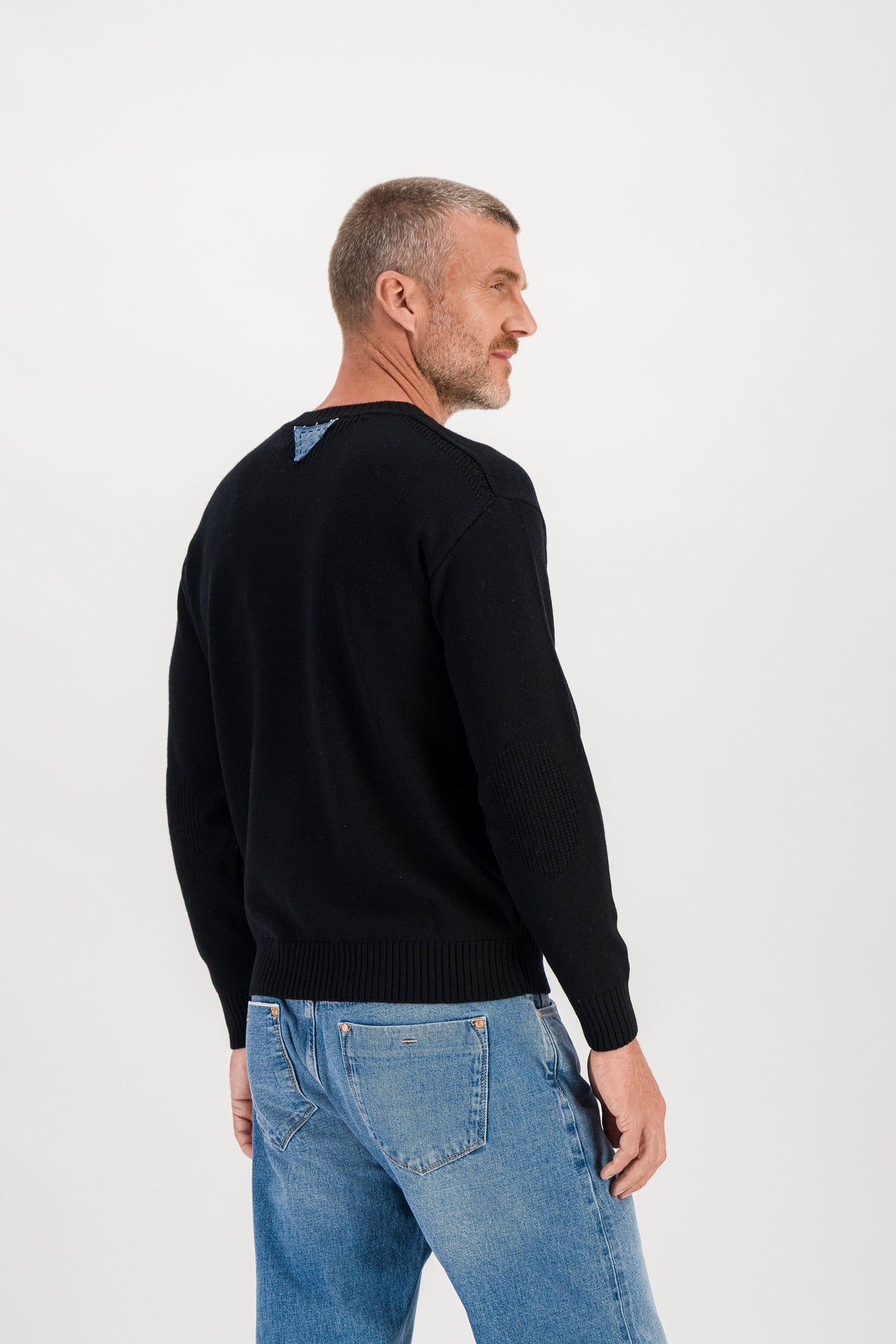 Black merino wool crew neck sweater back view, model 186 cm size M — Ace Denim Paris