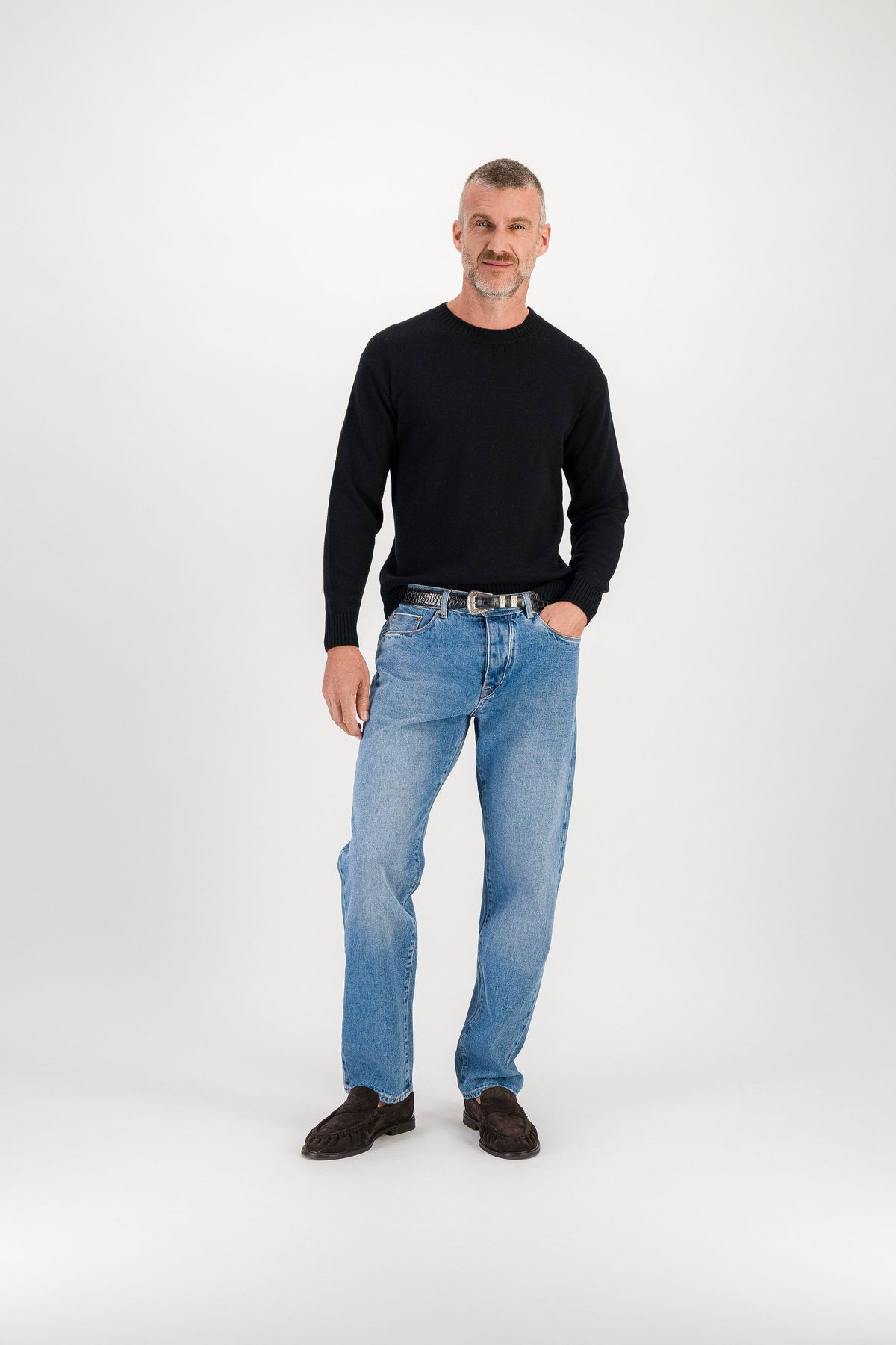 Black merino wool crew neck sweater full length view, model 186 cm size M — Ace Denim Paris