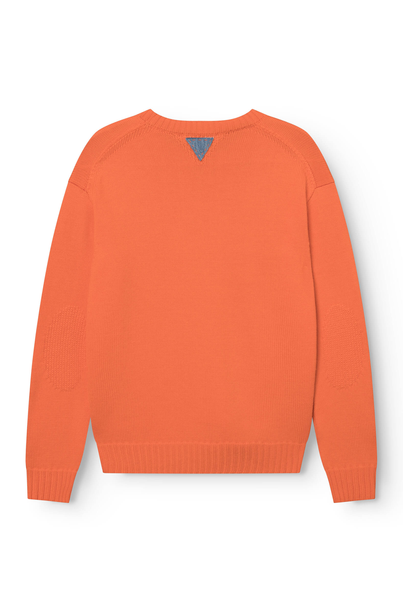 Rear view of the orange round-neck sweater