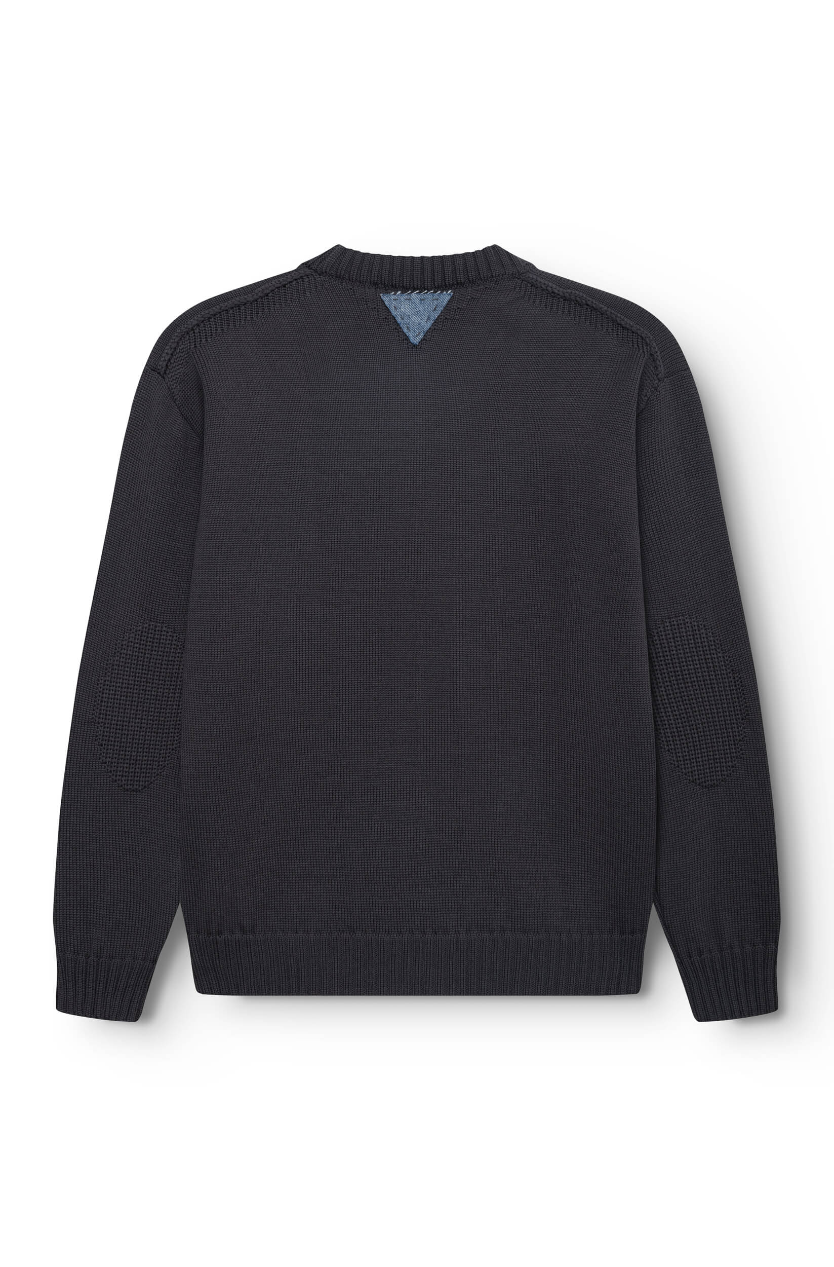 Rear view of the round-neck sweater in taupe merino wool