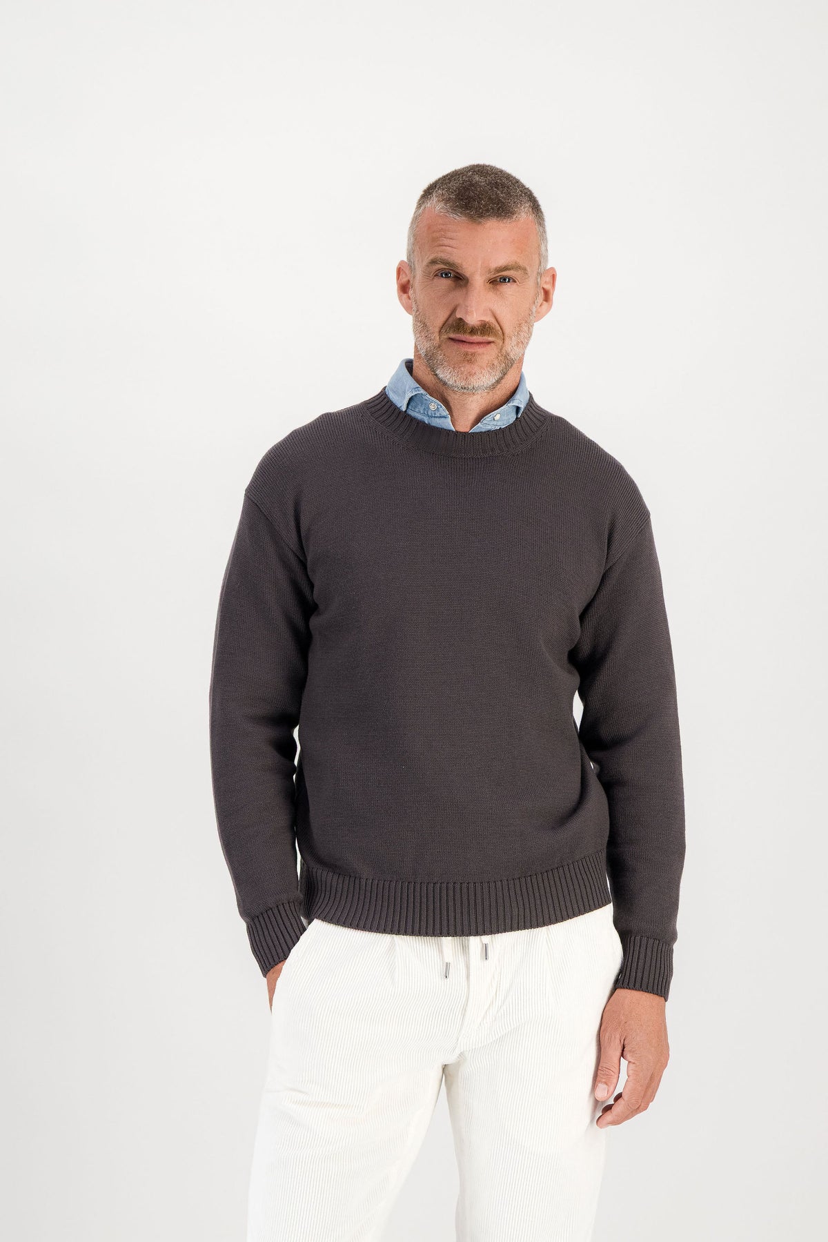 Taupe crew neck sweater front view, model 186 cm size M — Ace Denim Paris