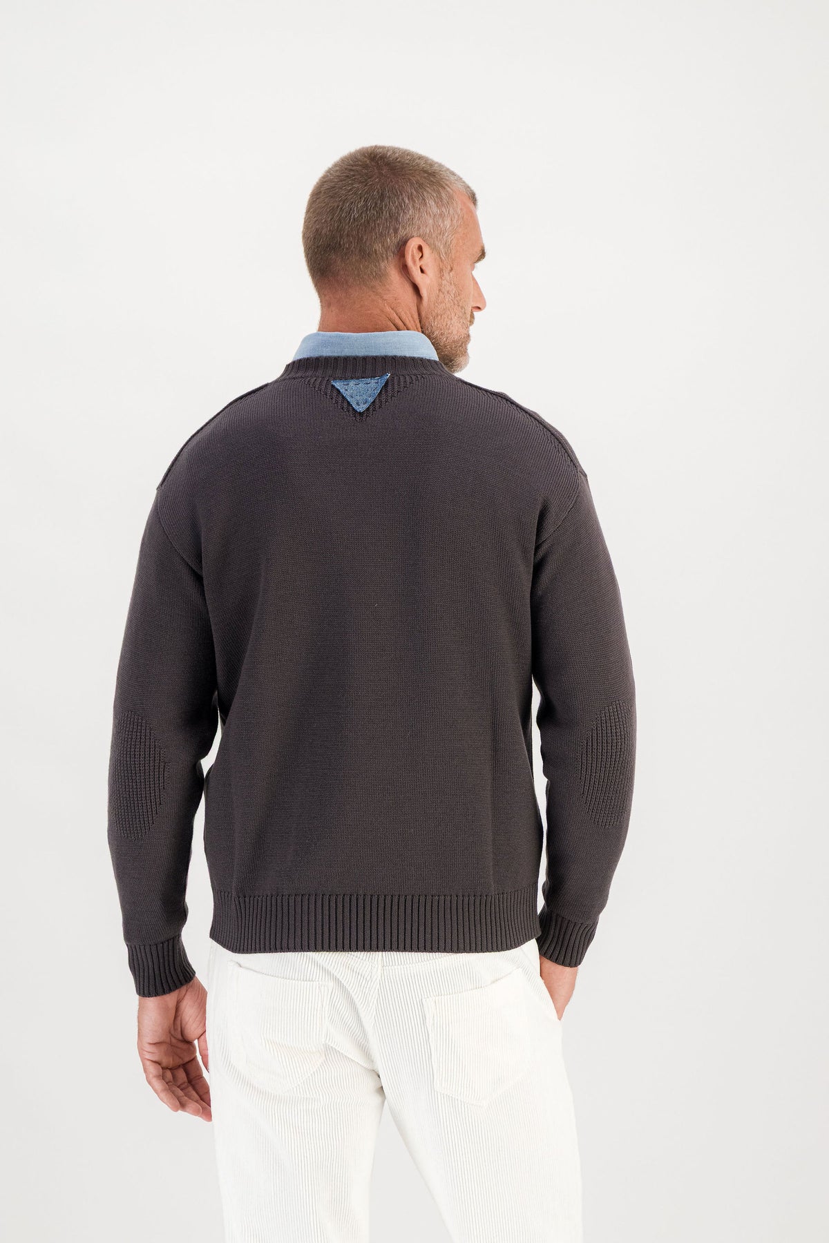 Taupe crew neck sweater back view, model 186 cm size M — Ace Denim Paris