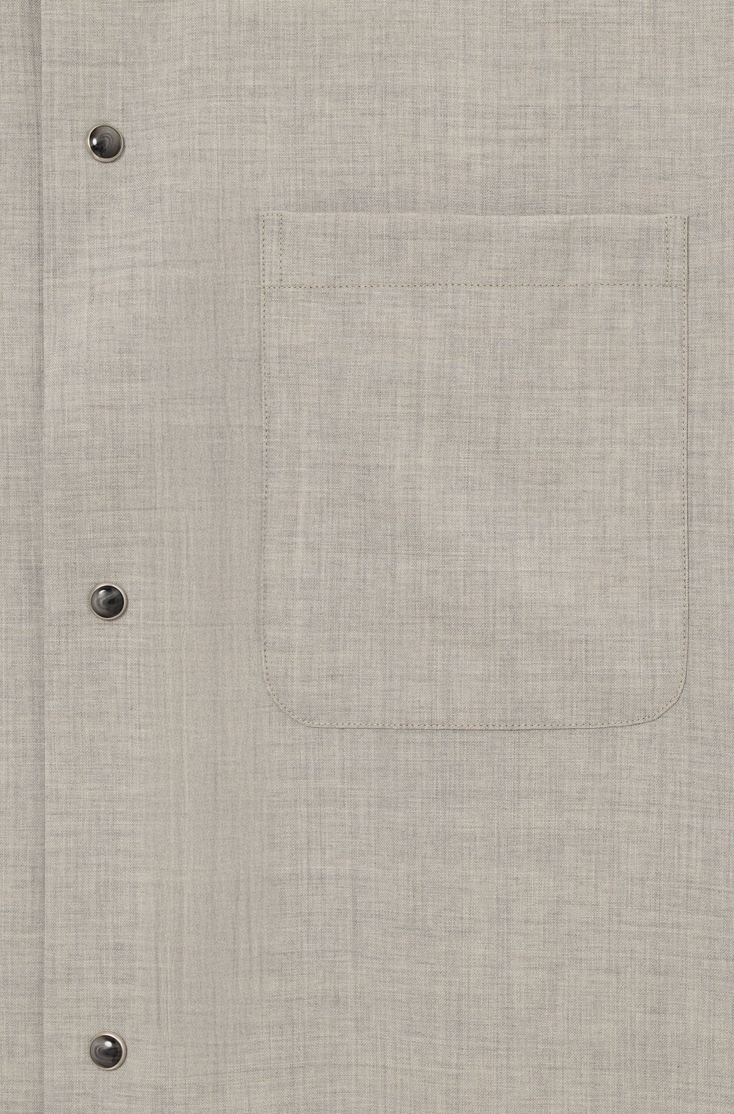 Chest pocket and snap button detail on the cool wool overshirt in grey — AD 82 Ace Denim Paris