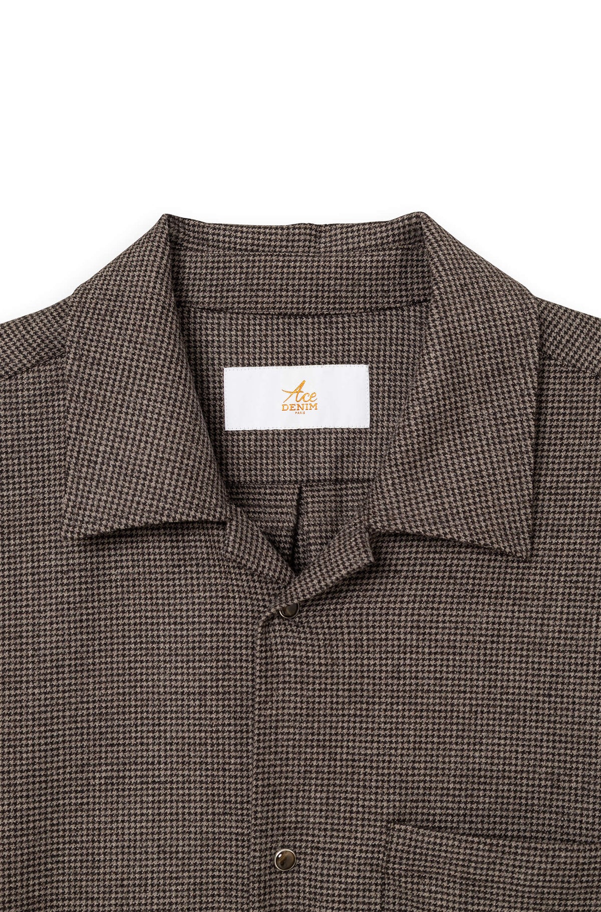 Surchemise en laine mérinos pied de poule marron AD 82 détail col et boutons pression — Ace Denim Paris