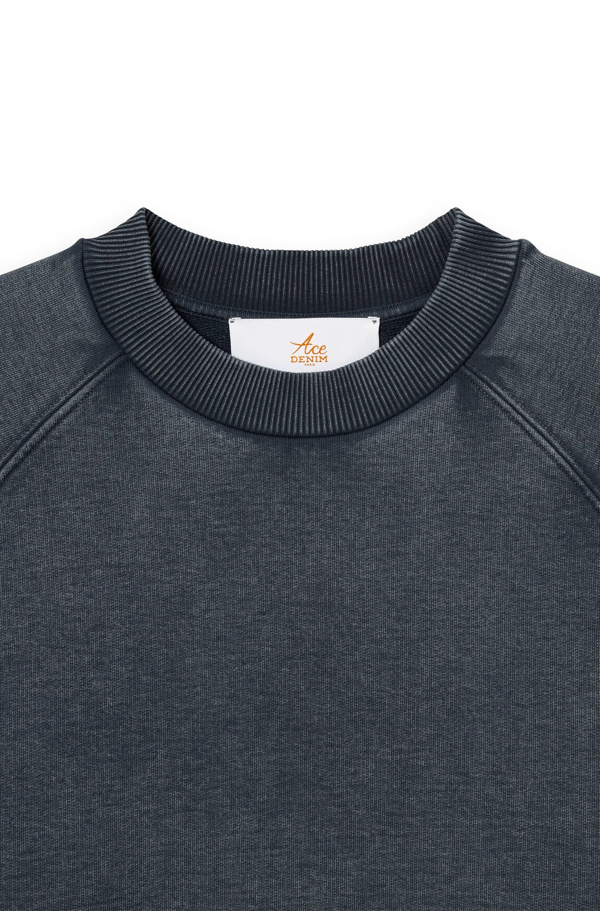 Marine Chiné jersey sweatshirt detail of round collar and raglan sleeve, Ace Denim Paris label — Ace Denim Paris