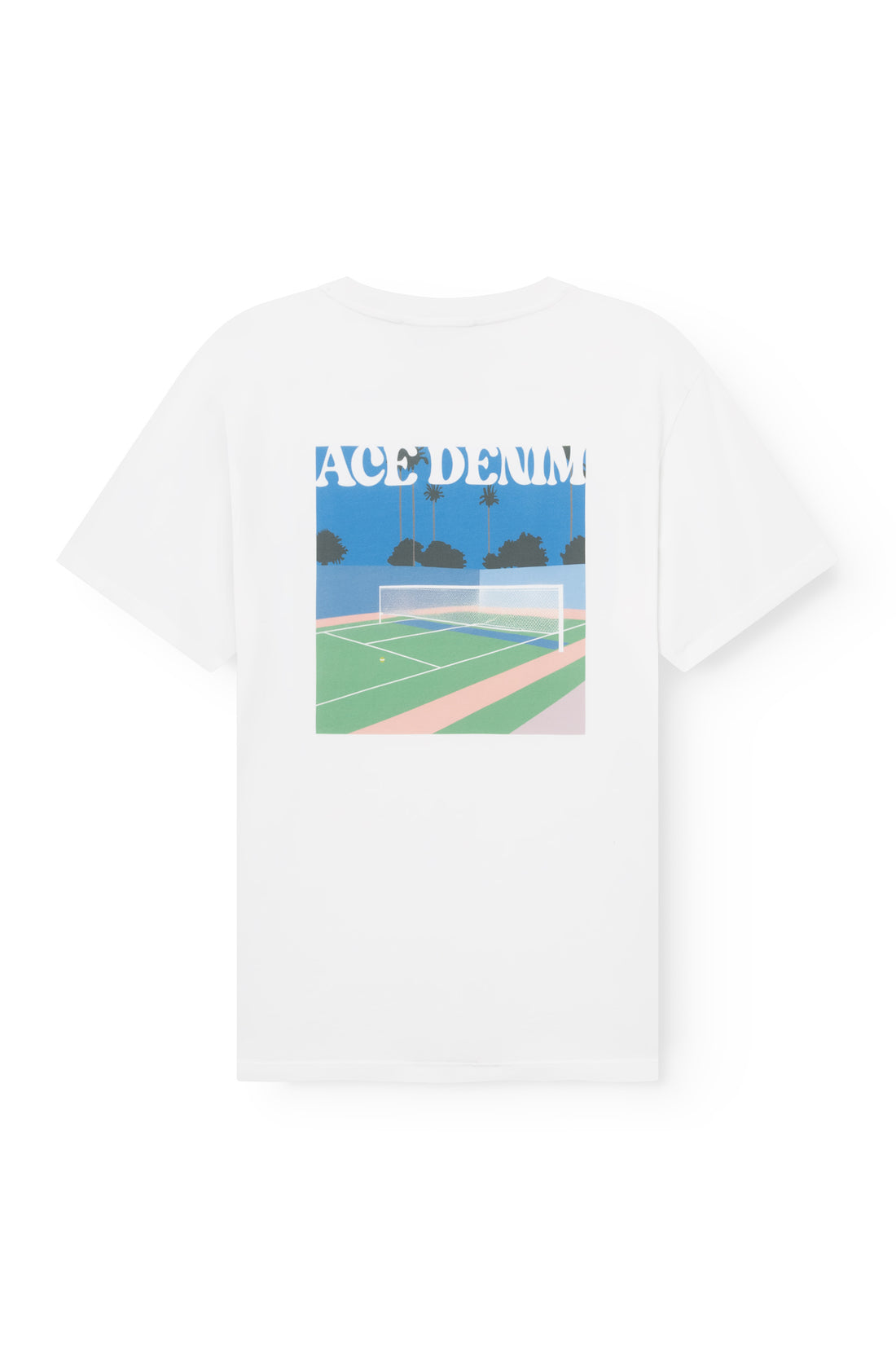 Vue dos du t-shirt homme blanc avec grand print illustré Tennis — AD 94 Ace Denim Paris
