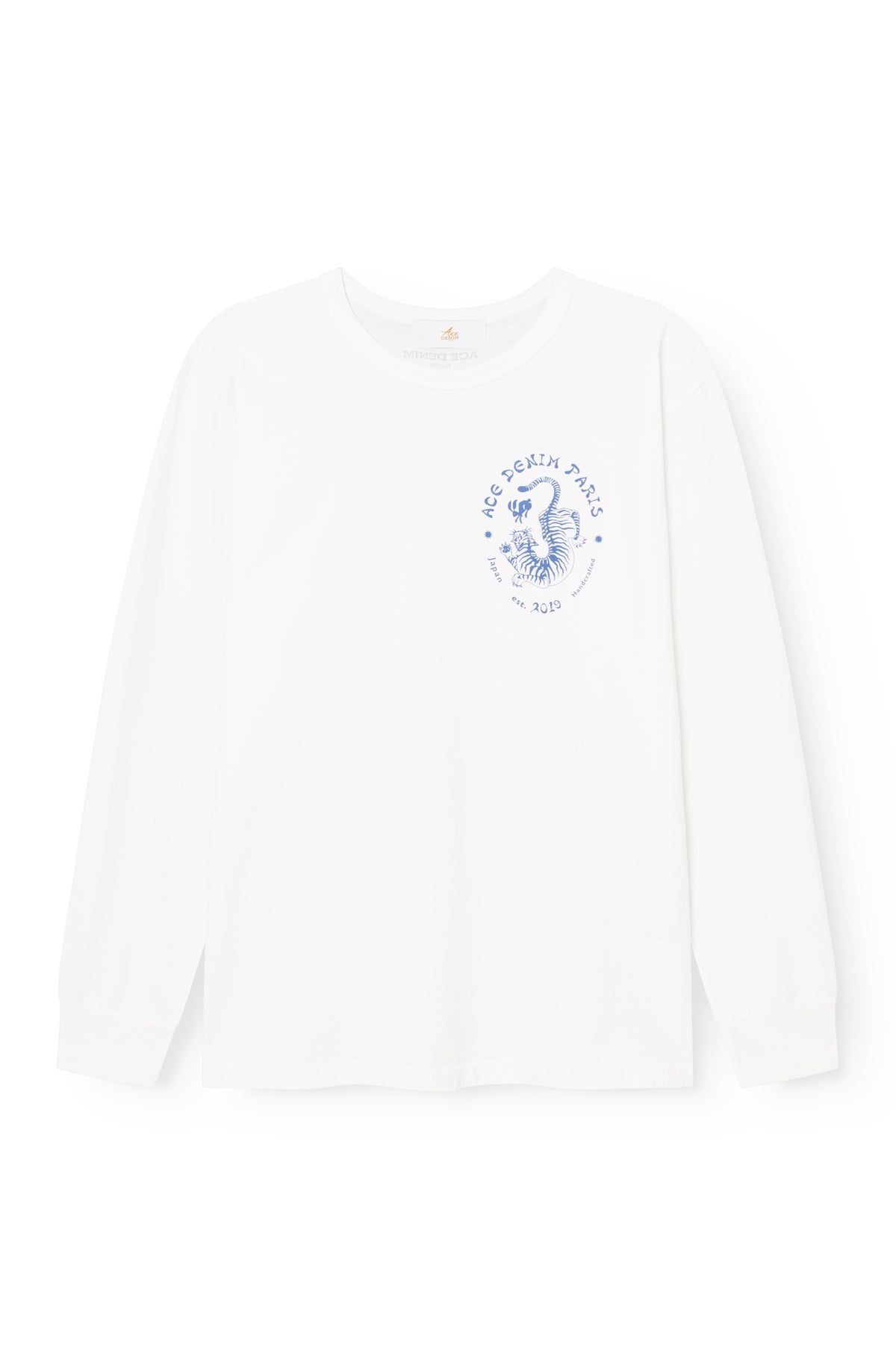 Long sleeve T-shirt White front view, Ace Denim Paris tiger illustration on the left chest — Ace Denim Paris