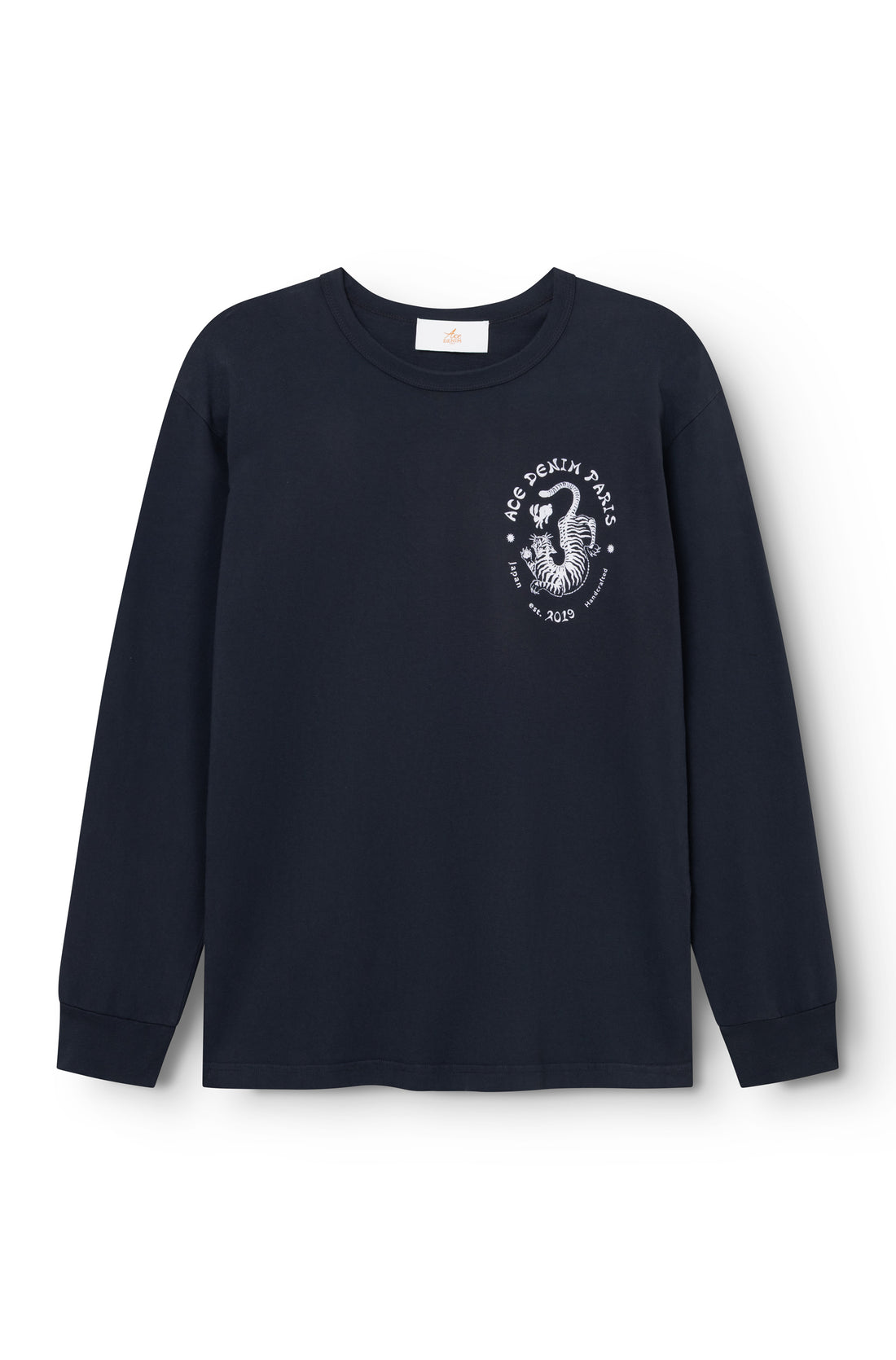 Navy long sleeve T-shirt front view, Ace Denim Paris tiger print on chest — Ace Denim Paris