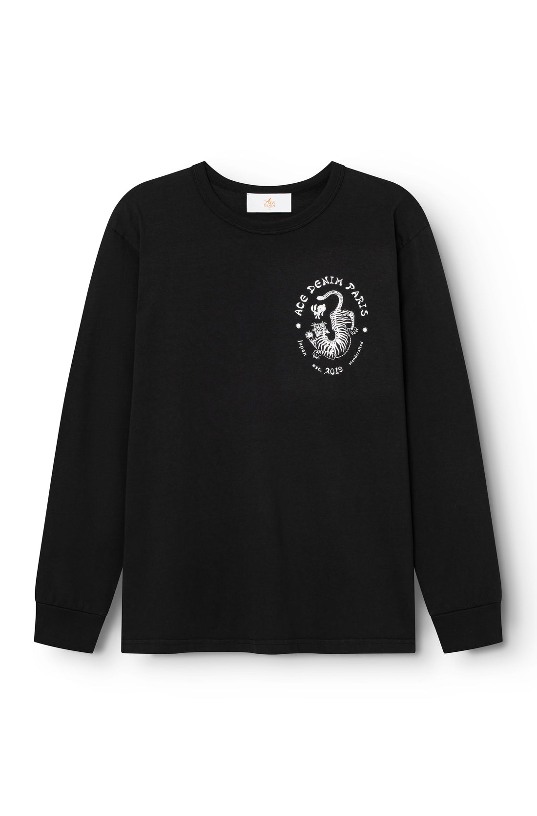 Long sleeve T-shirt Black front view, Ace Denim Paris tiger illustration on the left chest — Ace Denim Paris