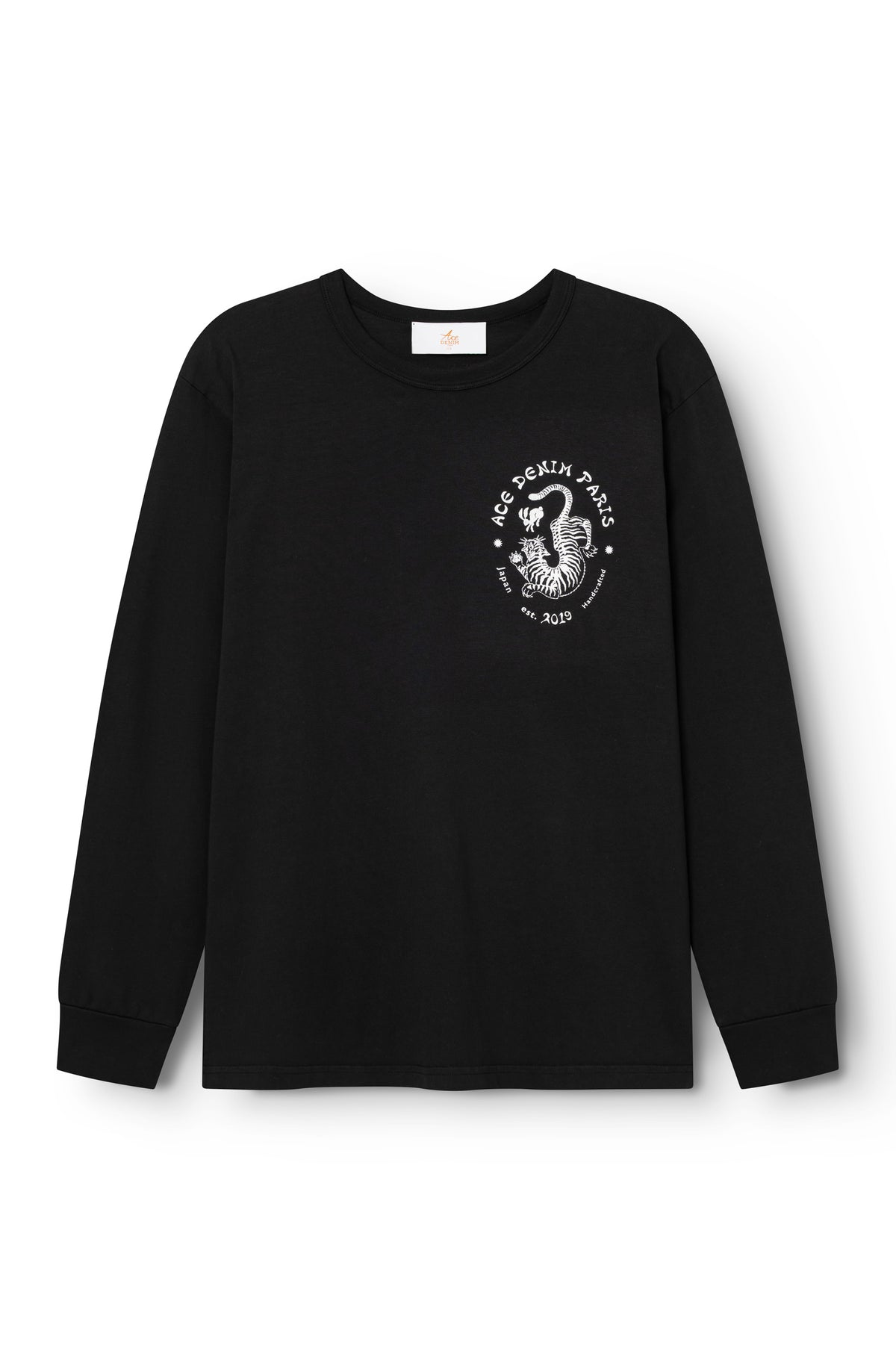 T-shirt manches longues Noir vue face, illustration tigre Ace Denim Paris poitrine gauche — Ace Denim Paris