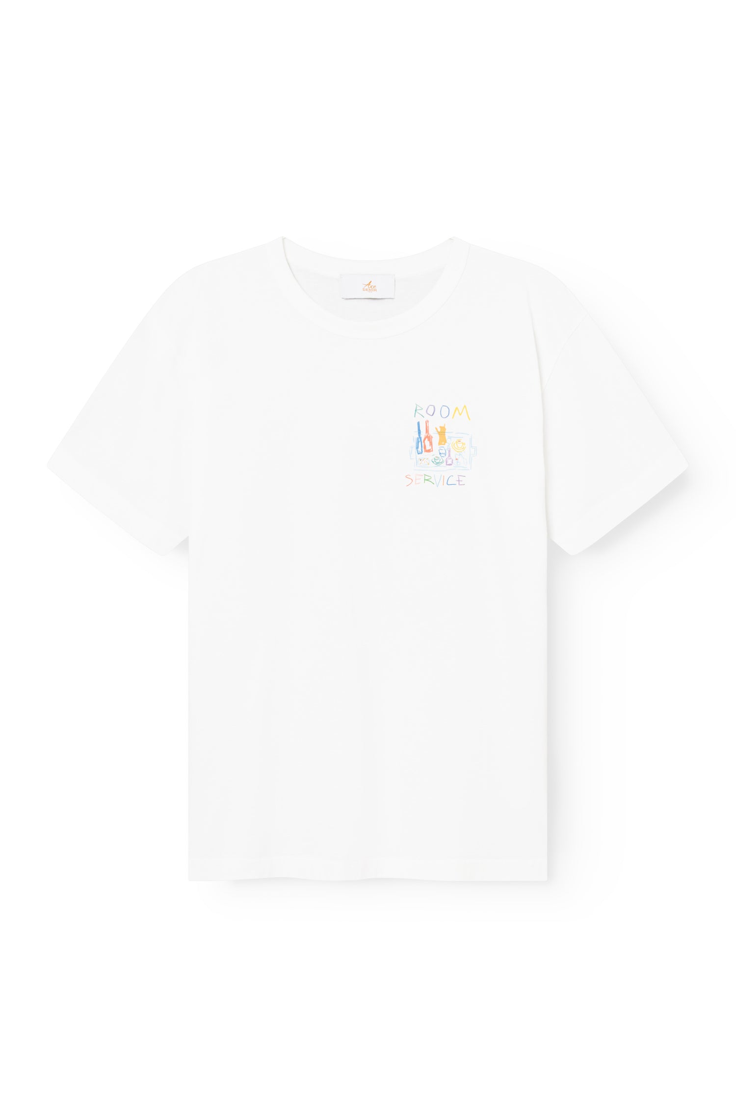 T-shirt blanc coupe oversize, illustration colorée Room Service sur la poitrine, Ace Denim Paris