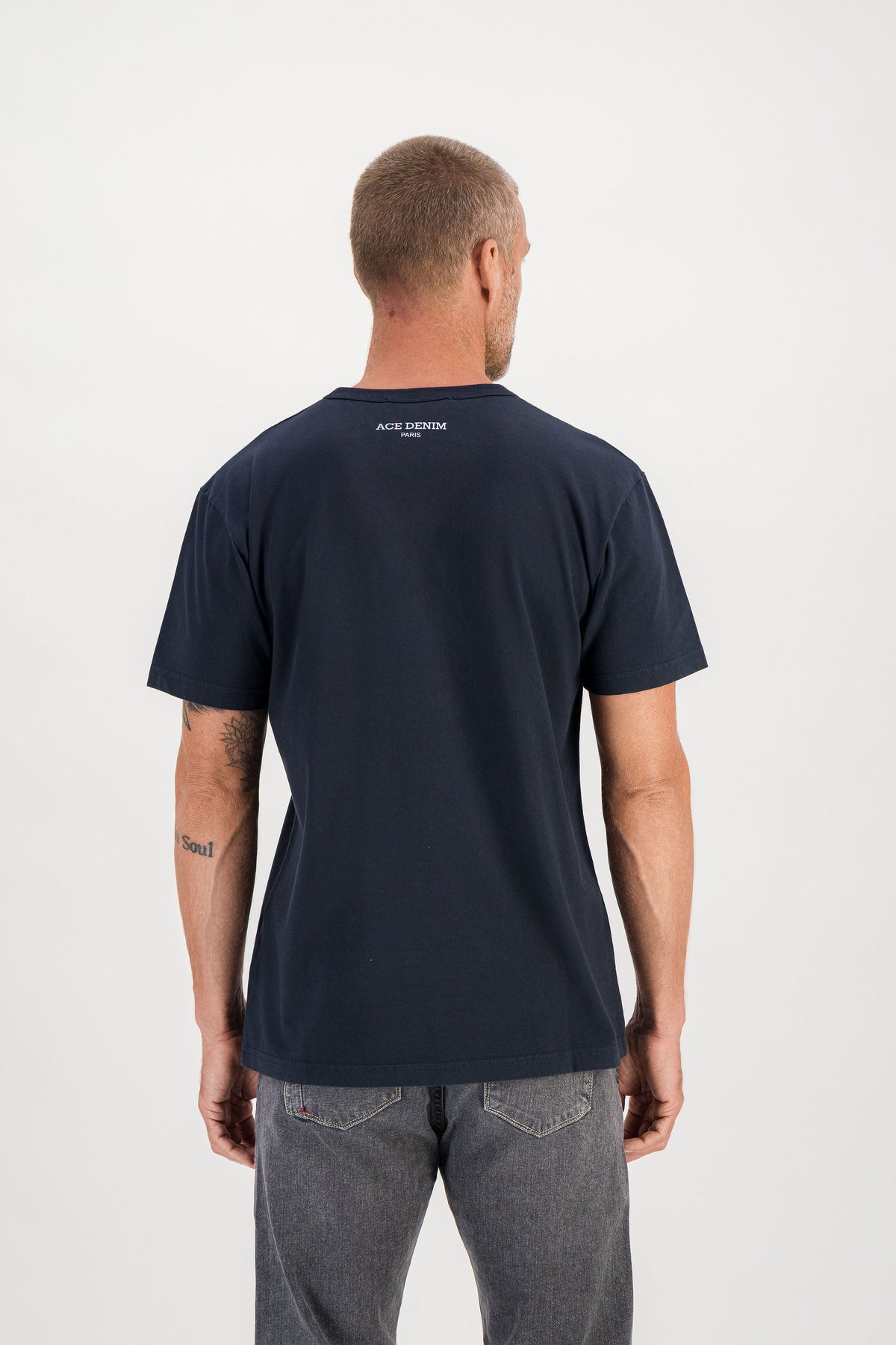 T-shirt Moments Marine worn back view, Ace Denim Paris logo at collar, mannequin 1m86 size M — Ace Denim Paris