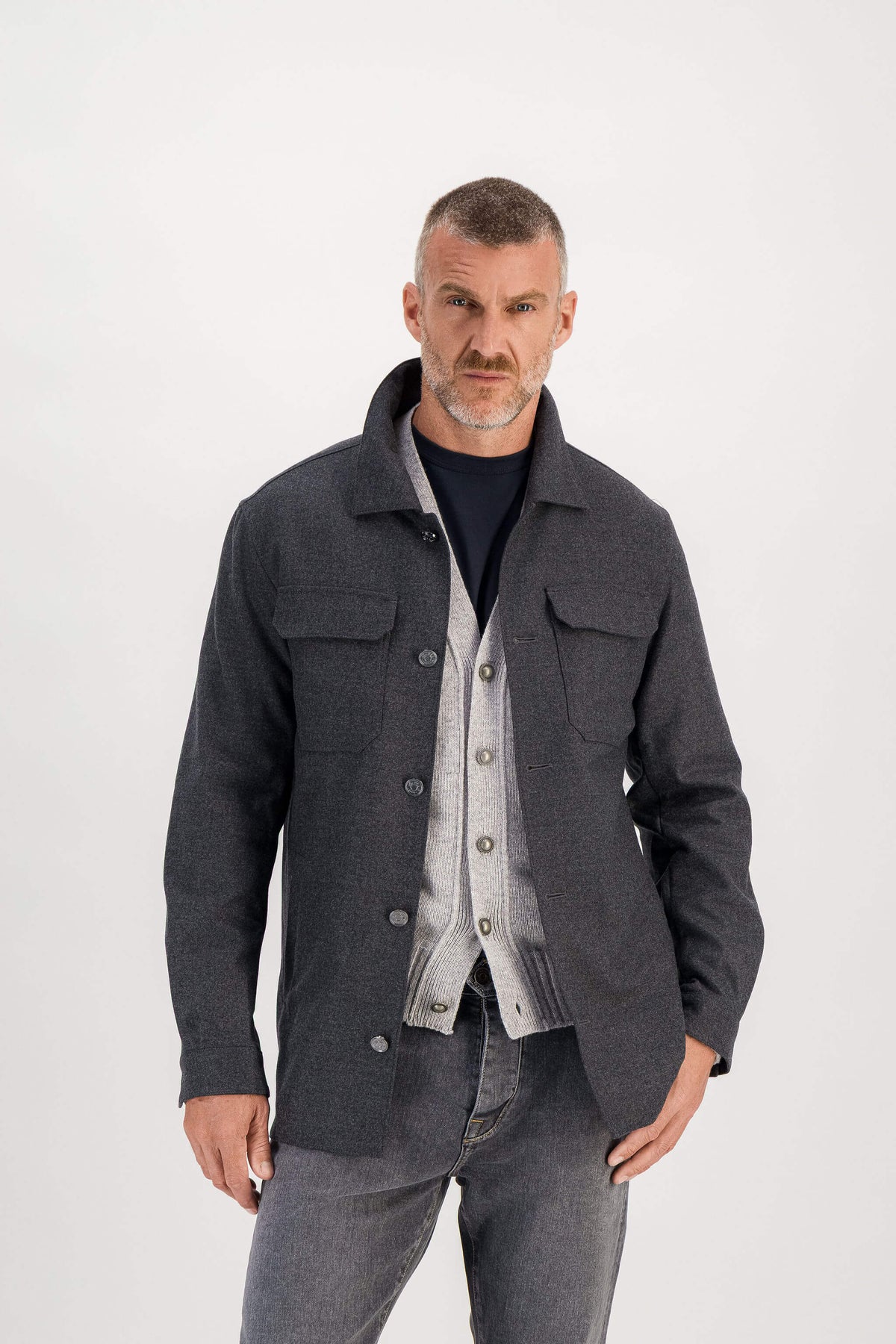 Anthracite merino wool jacket worn open, model 186 cm size M — Ace Denim Paris