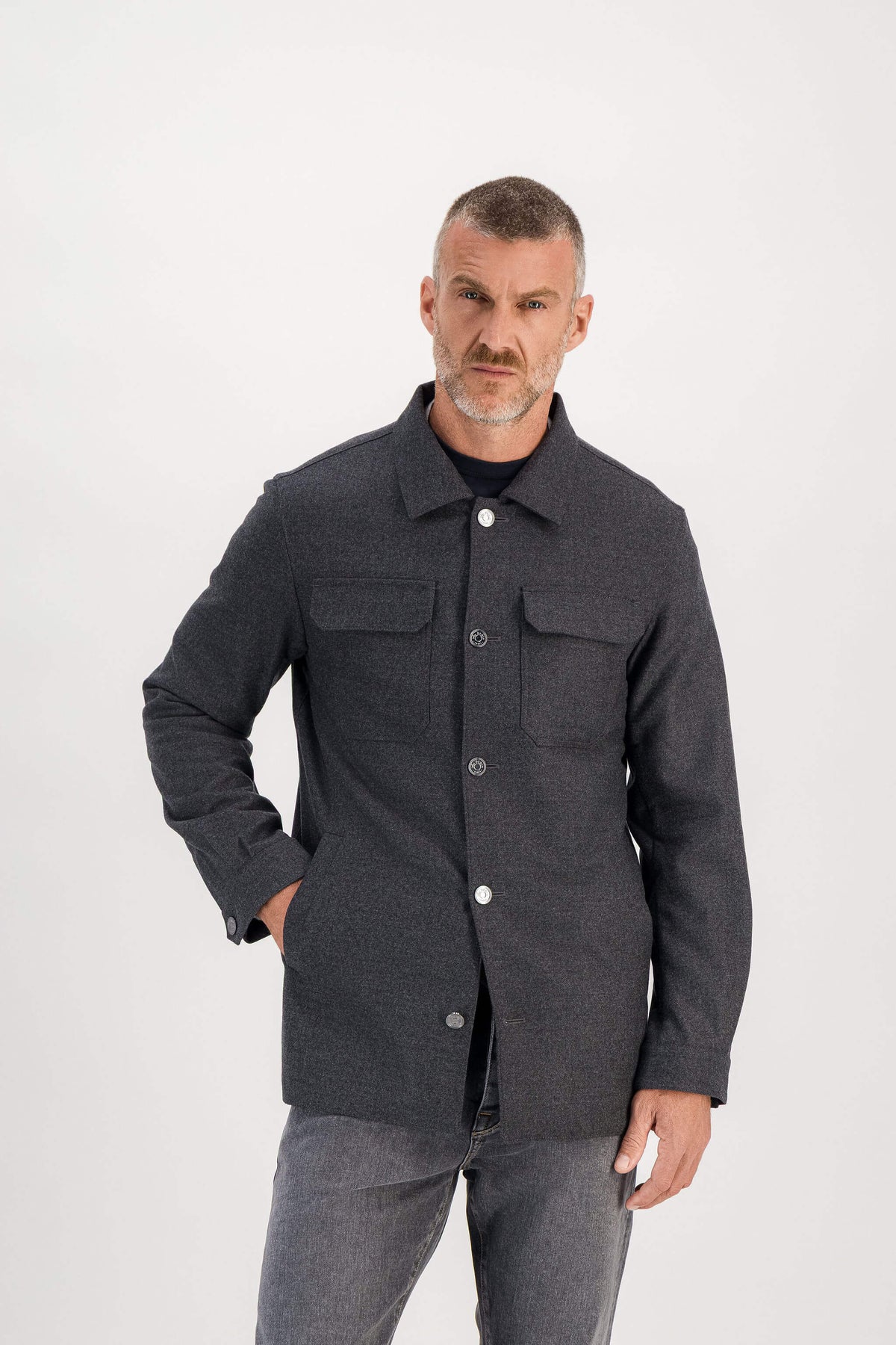 Anthracite merino wool jacket worn buttoned, model 186 cm size M — Ace Denim Paris