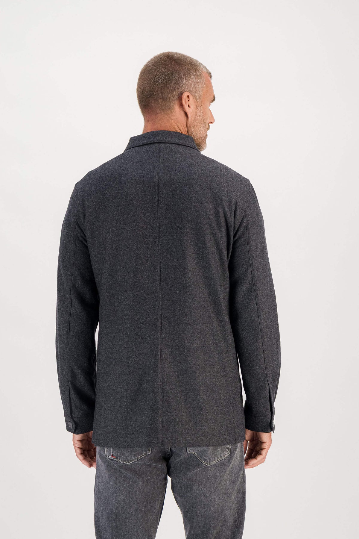 Anthracite merino wool jacket worn, back view, model 186 cm size M — Ace Denim Paris