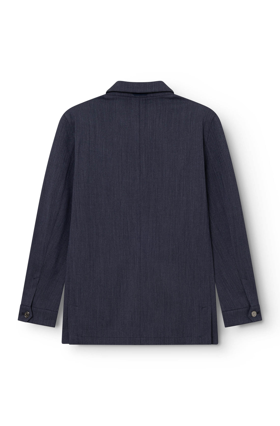 Dos de la veste laine vierge indigo AD 153, fente centrale, poignets boutonnés, Ace Denim Paris