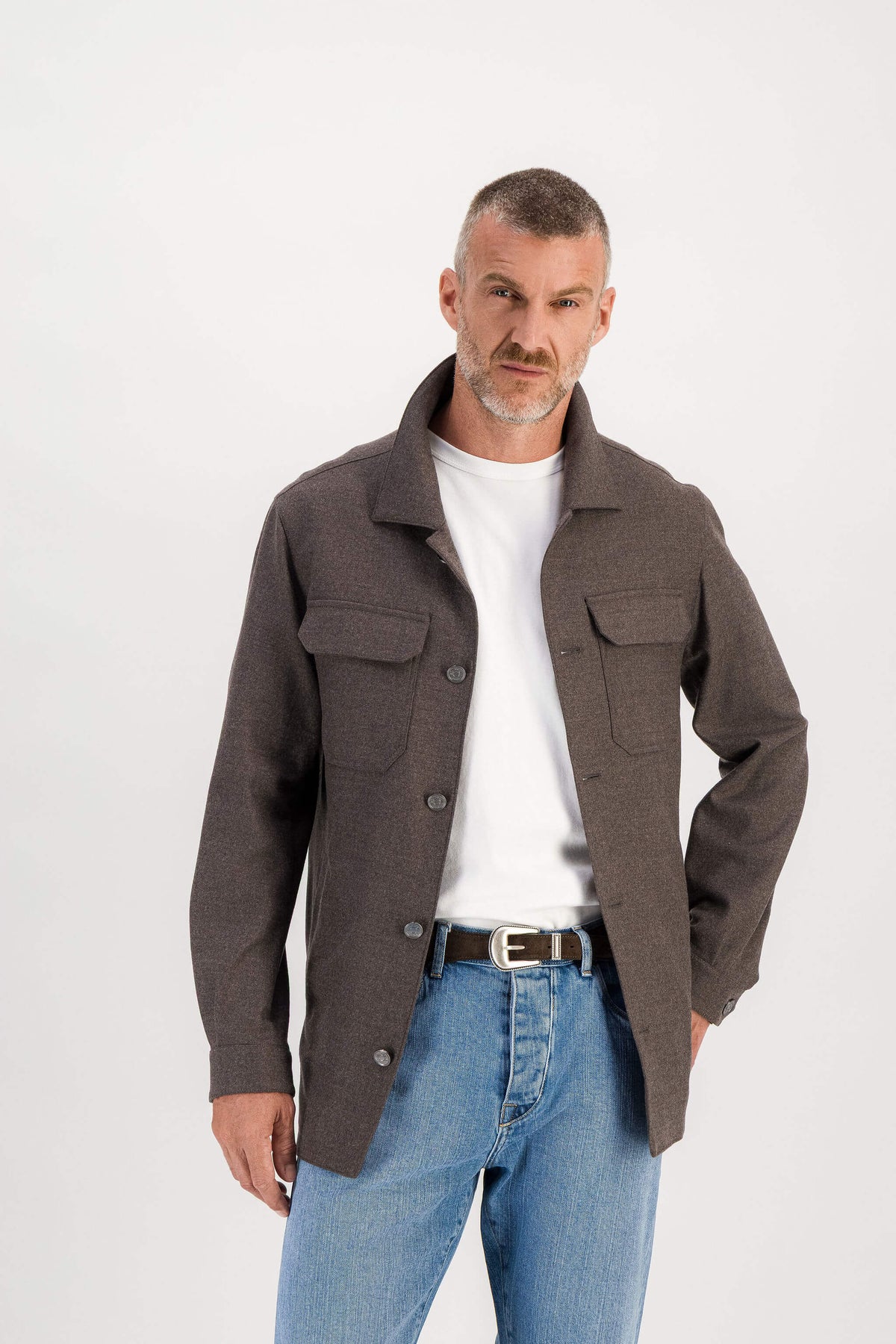 Brown houndstooth merino wool jacket worn open, model 186 cm size M — Ace Denim Paris
