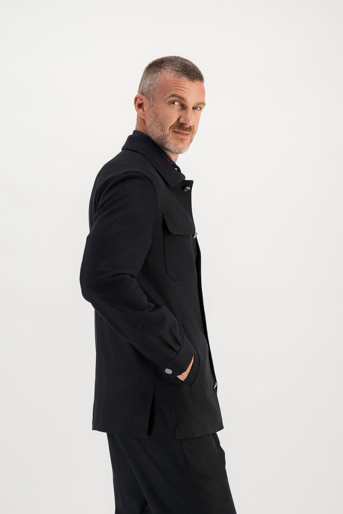 Black merino wool jacket side view, model 186 cm size M — Ace Denim Paris