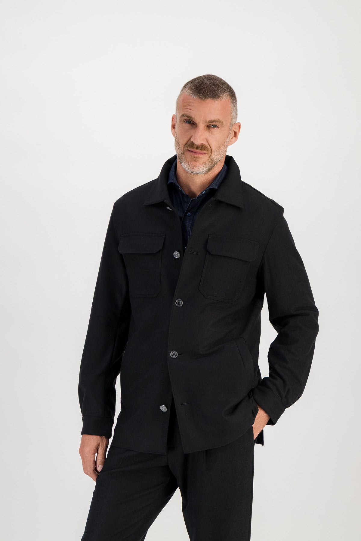 Black merino wool jacket front view, model 186 cm size M — Ace Denim Paris