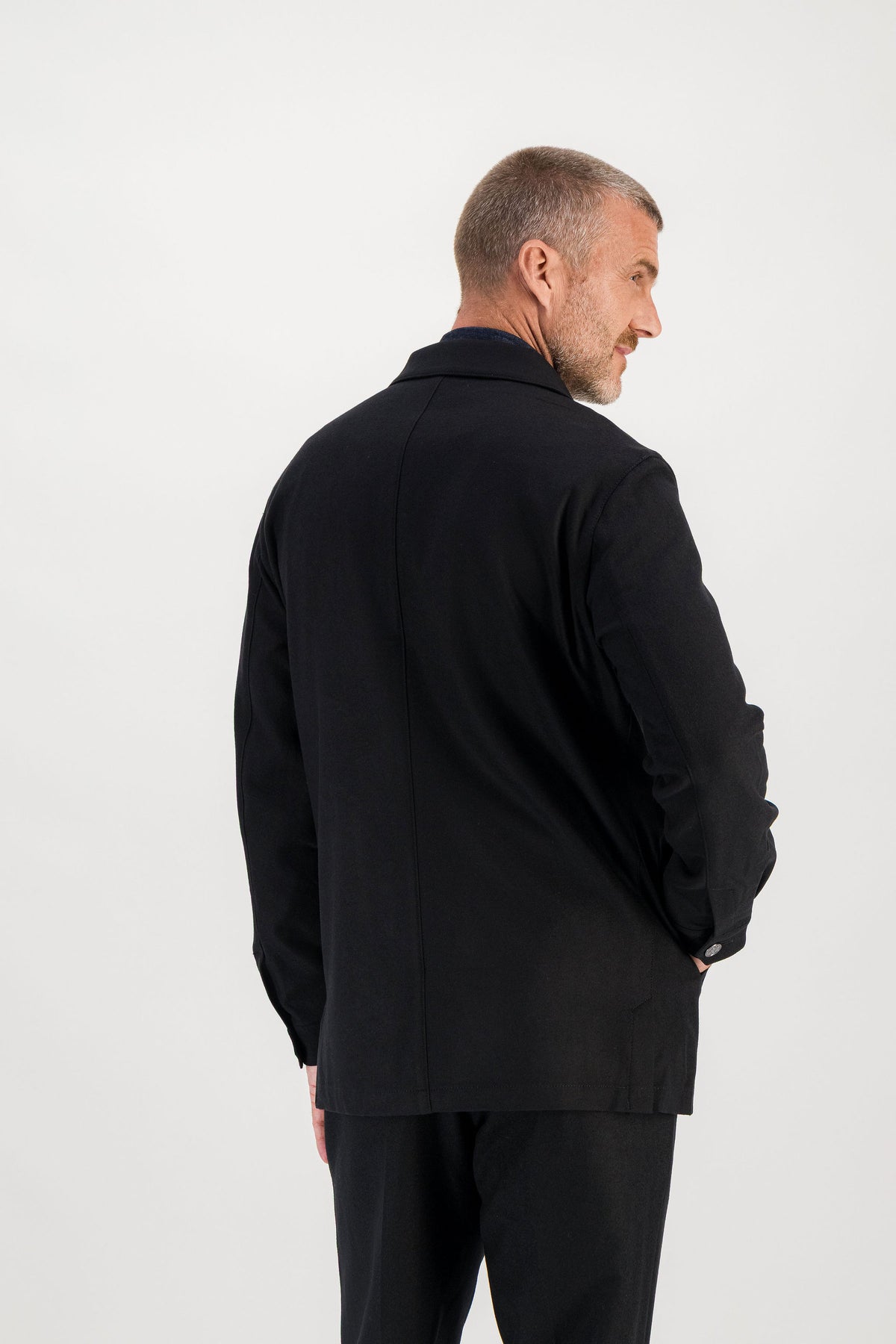 Black merino wool jacket back view, model 186 cm size M — Ace Denim Paris