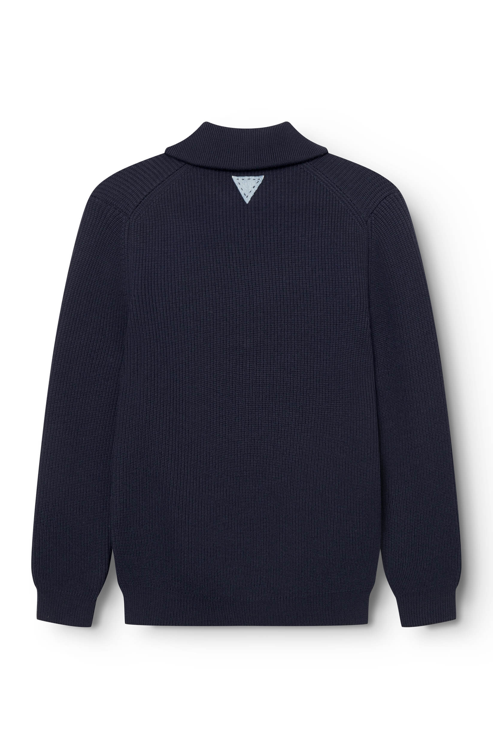 Rear view of the navy zip-neck sweater